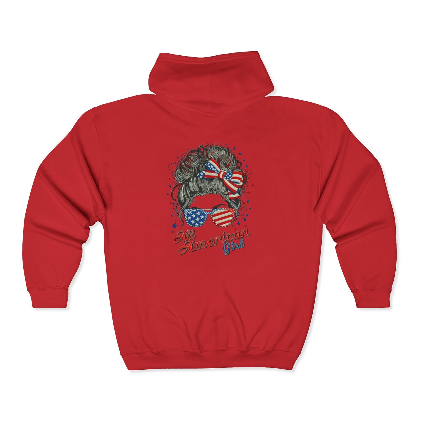 #250 "All American Girl" Patriotic Messy Bun Zip Hoodie