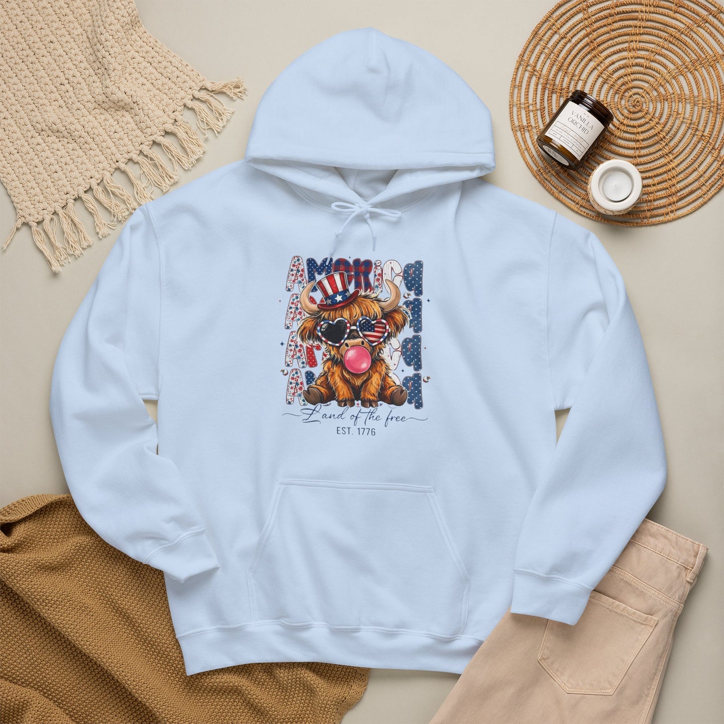 #250 American Flag Bubblegum Patriotic Highland Cow Hoodie