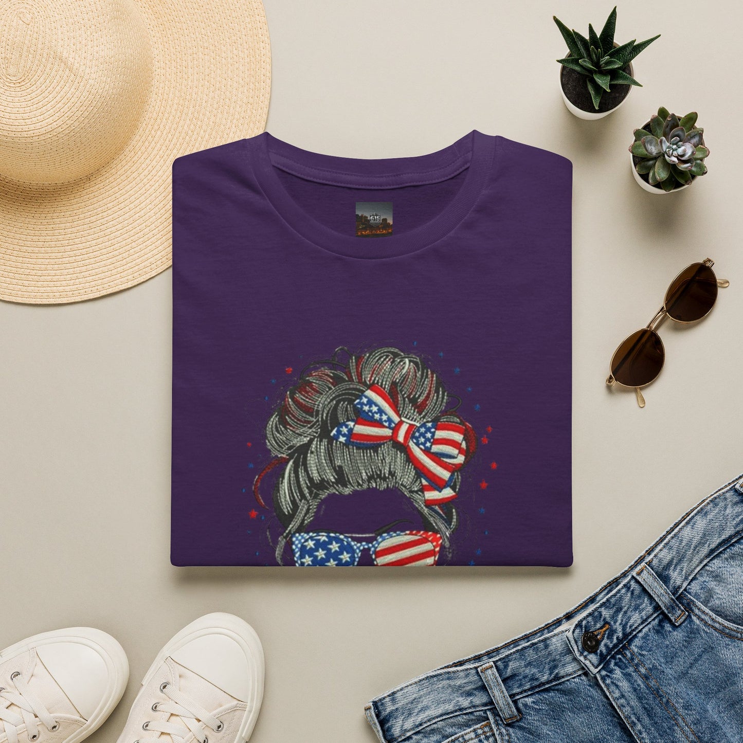 #250 "All American Girl" Patriotic Messy Bun T-Shirt