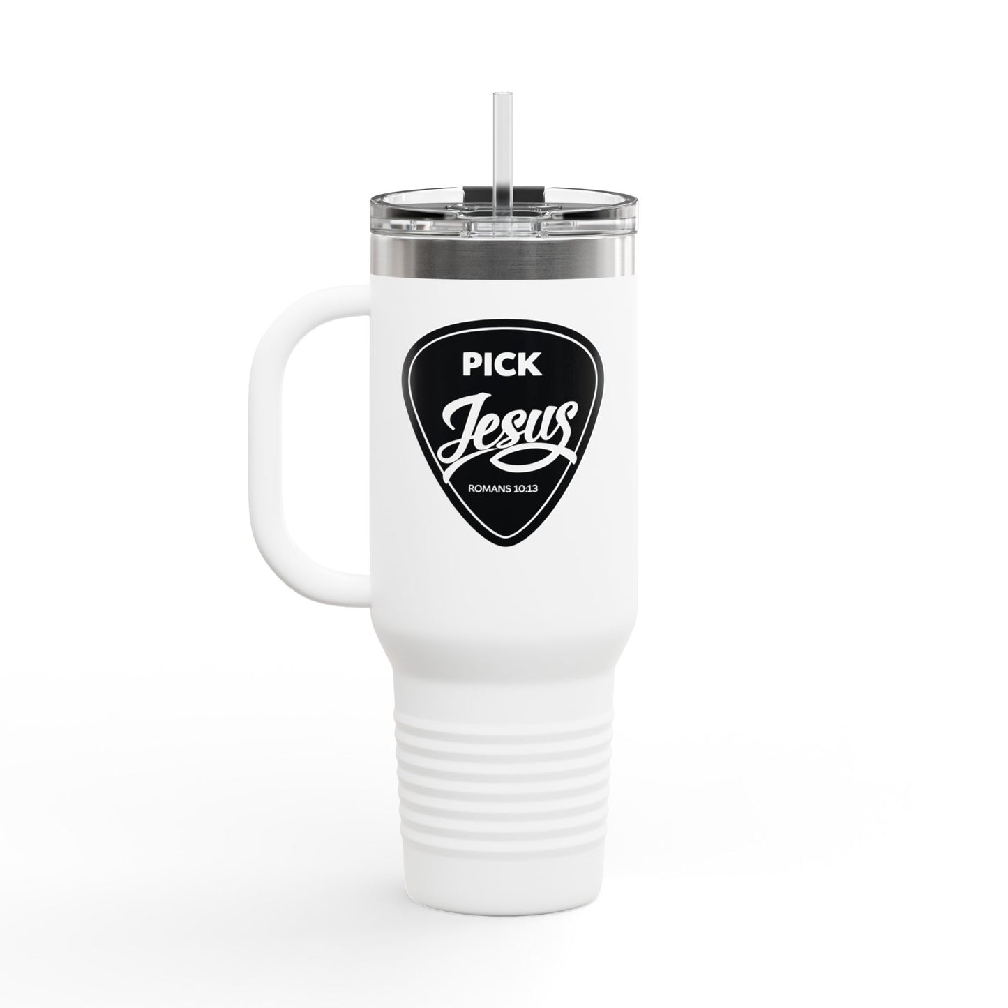 Pick Jesus Guitar Pick Insulated Travel Mug 40oz — Christian Design (Romans 10:13) Faith Travel Tumbler