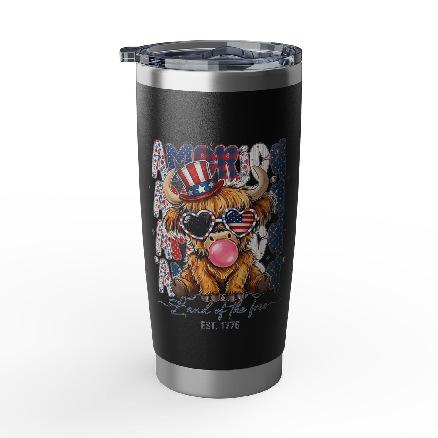 #250 American Flag Bubblegum Patriotic Highland Cow 20oz Stainless Travel Tumbler 'Vagabond'
