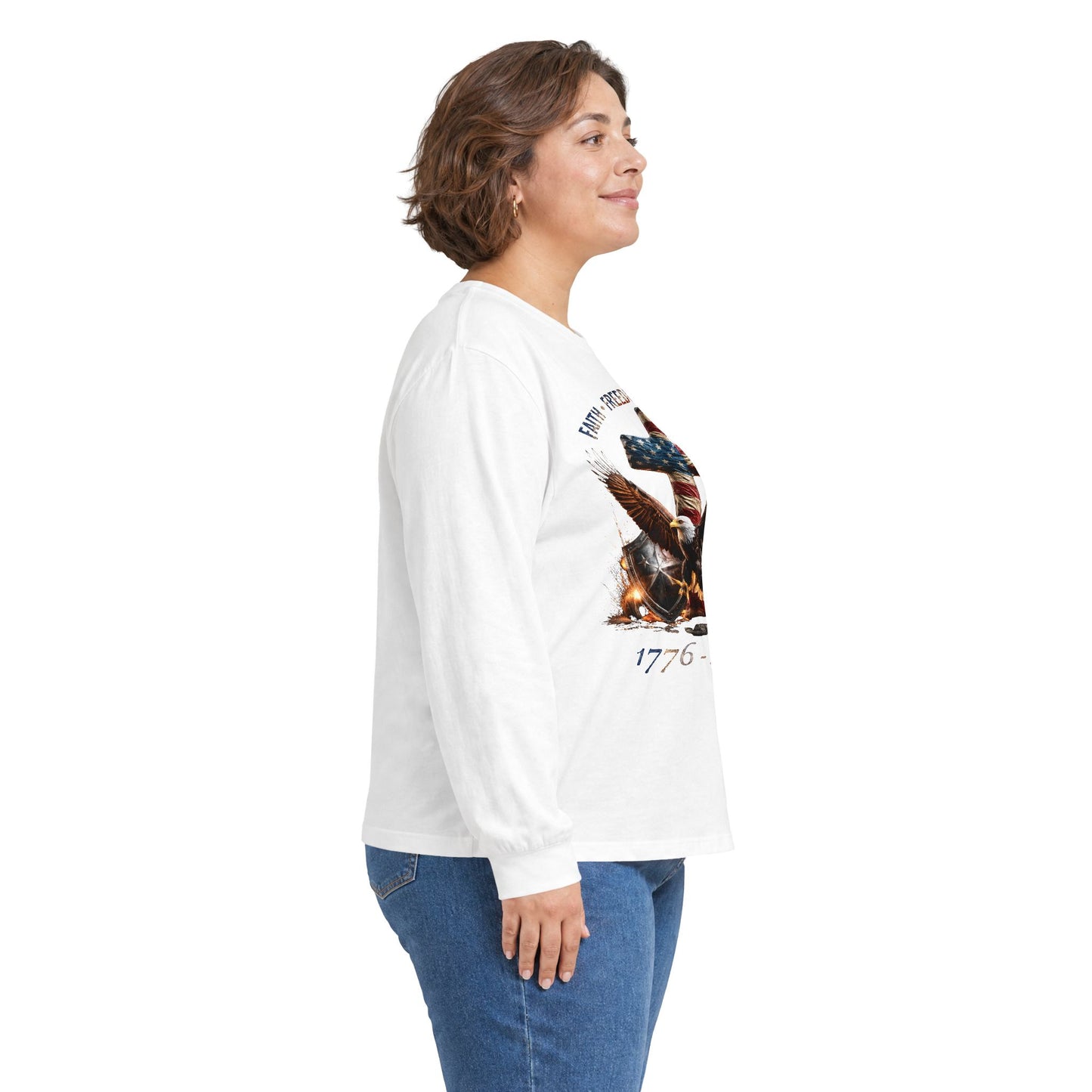 #250 Faith • Freedom 250 Years American Flag Cross & Eagle 1776-2026 Long Sleeve Tee