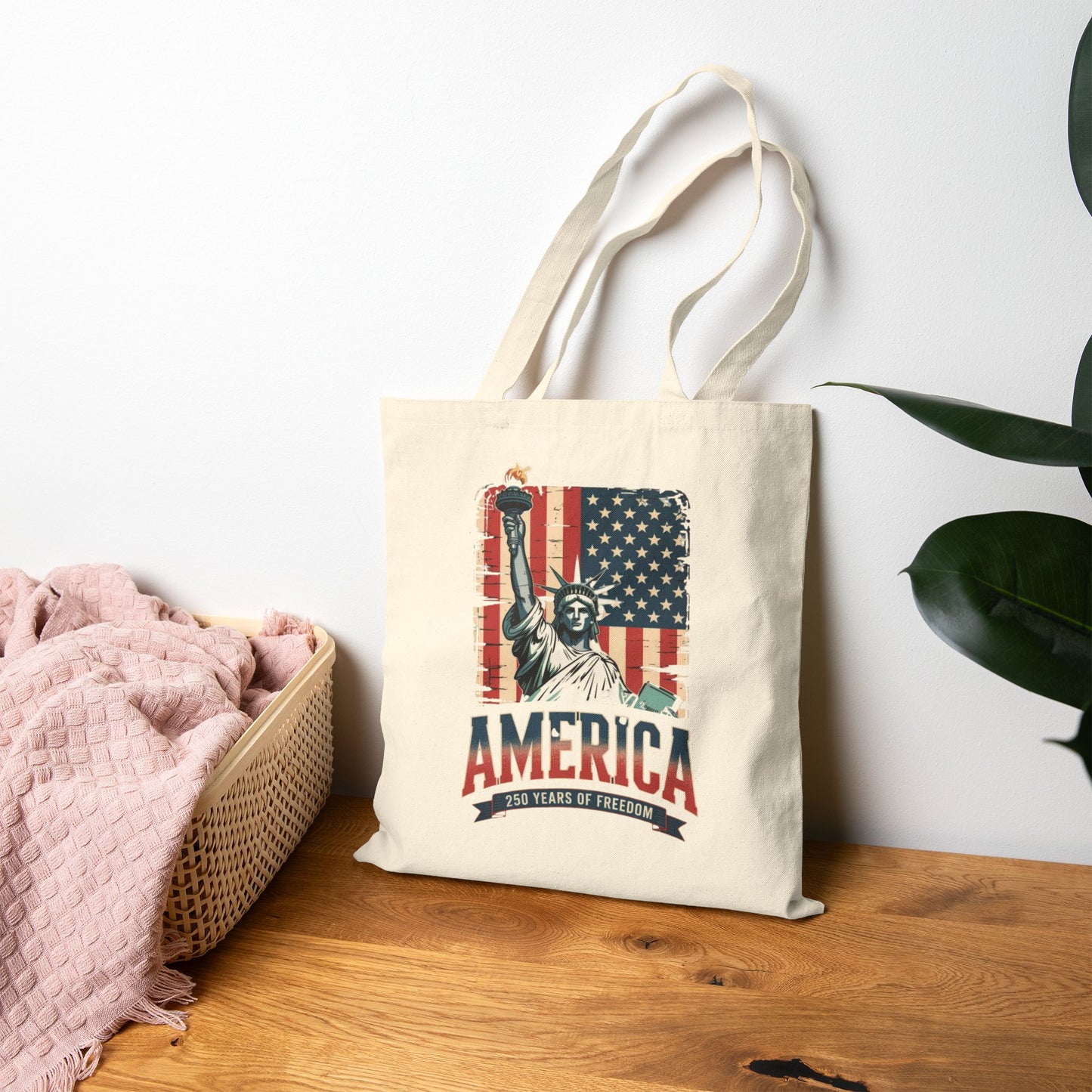 #250 Statue of Liberty American Flag 'America' Patriotic Independence Day Canvas Tote