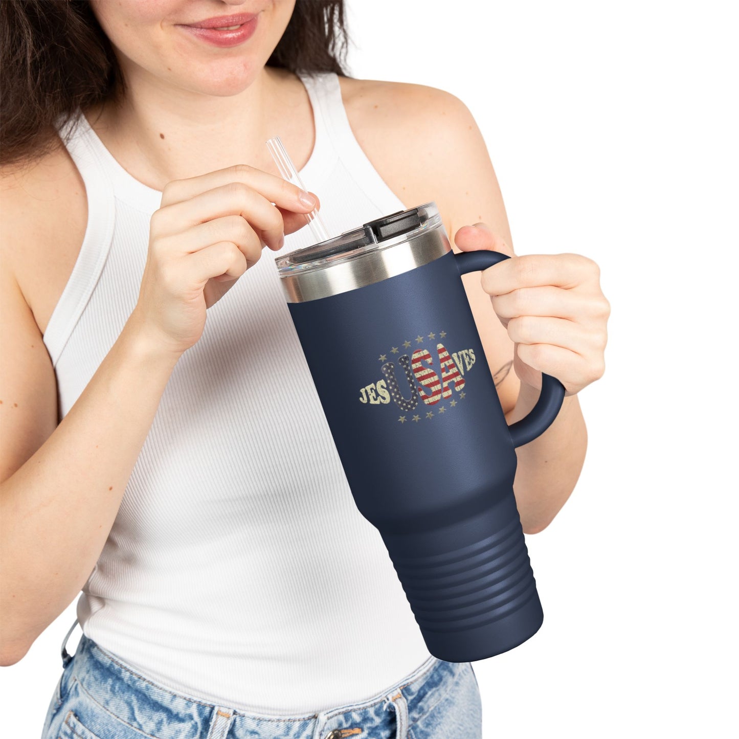 JesUSAves Patriotic 40oz Insulated Travel Mug – American Flag Christian Faith Steel Tumbler