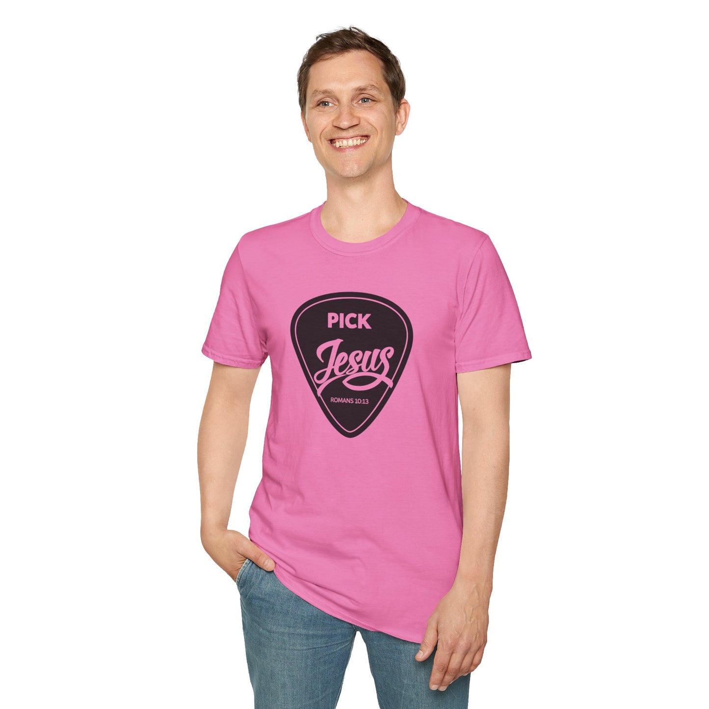 Pick Jesus T-Shirt — Christian Guitar Pick Design (Romans 10:13)