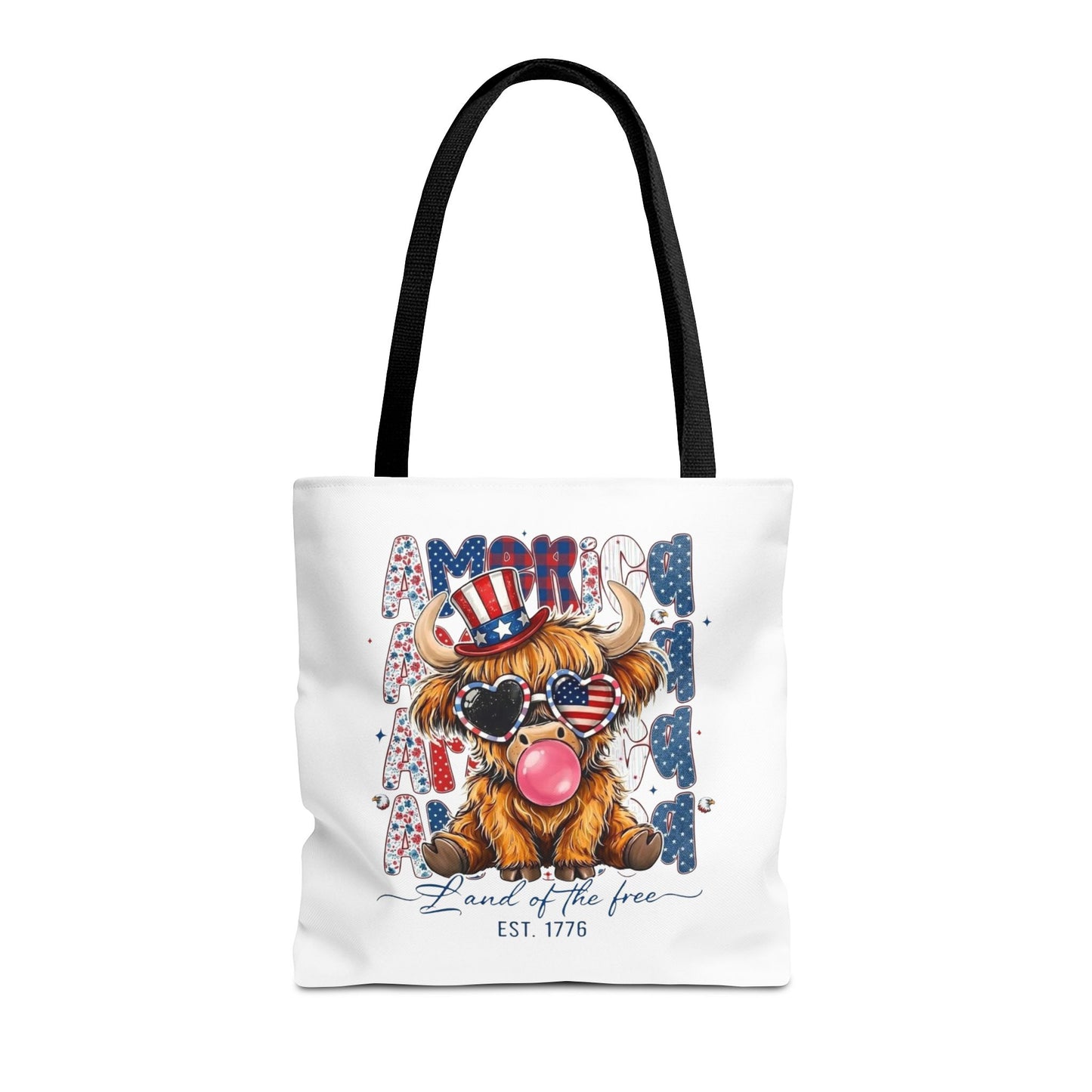 #250 American Flag Bubblegum Patriotic Highland Cow Tote Bag