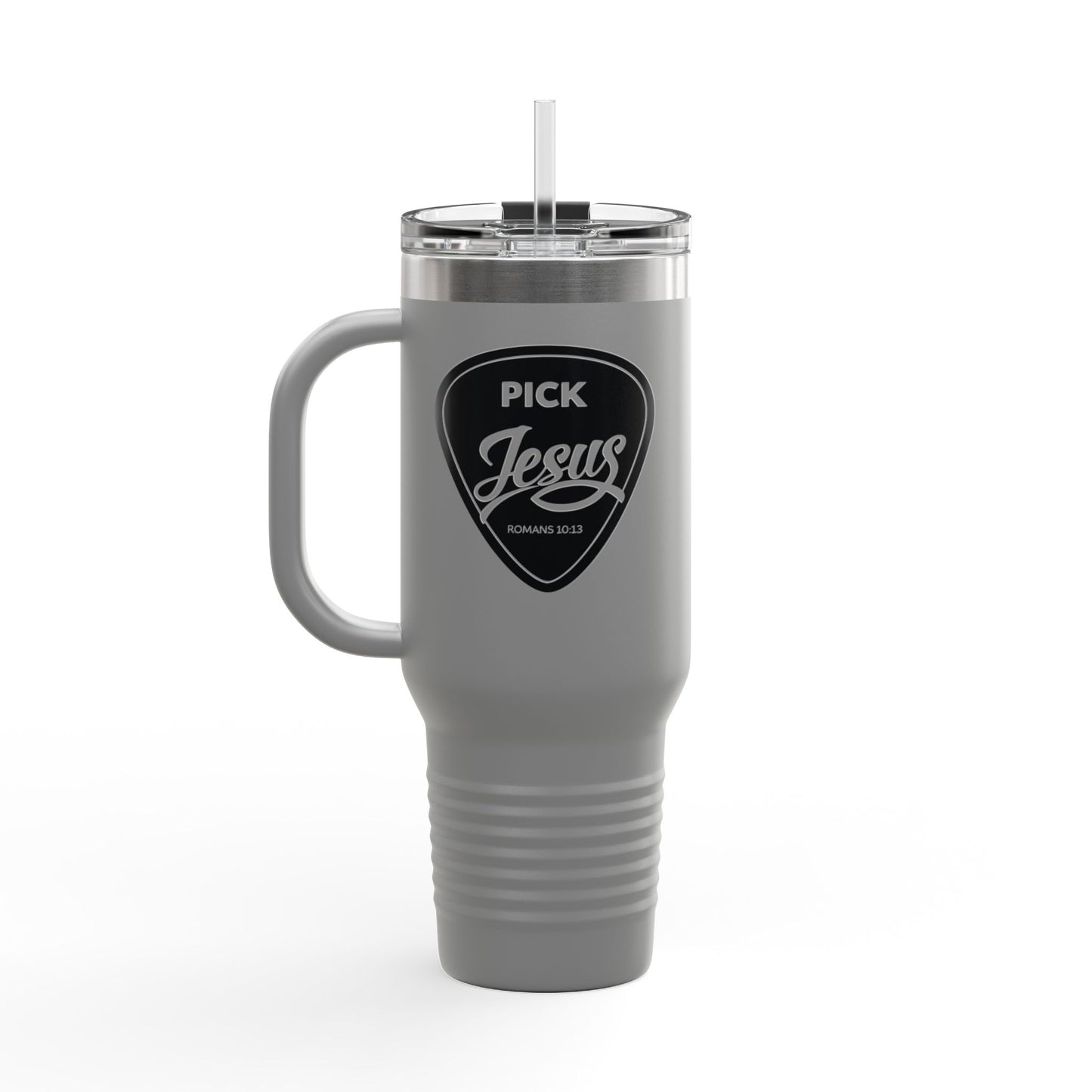 Pick Jesus Guitar Pick Insulated Travel Mug 40oz — Christian Design (Romans 10:13) Faith Travel Tumbler