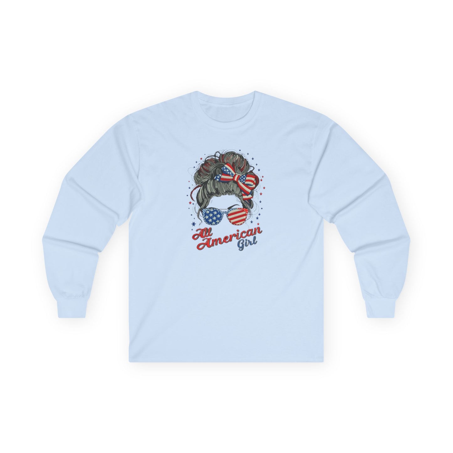 #250 "All American Girl" Patriotic Messy Bun Long Sleeve Tee