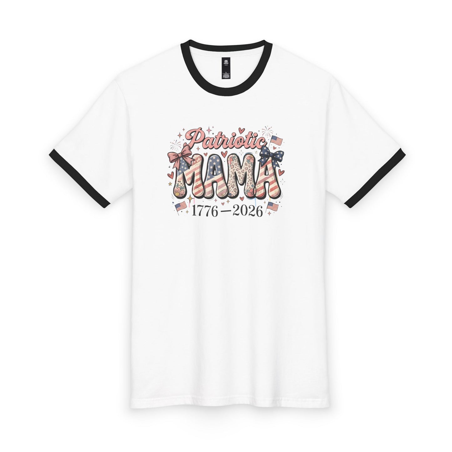 #250 Patriotic Mama 1776–2026 American Flag Ringer Tee