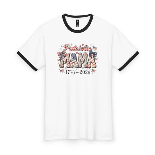 #250 Patriotic Mama 1776–2026 American Flag Ringer Tee