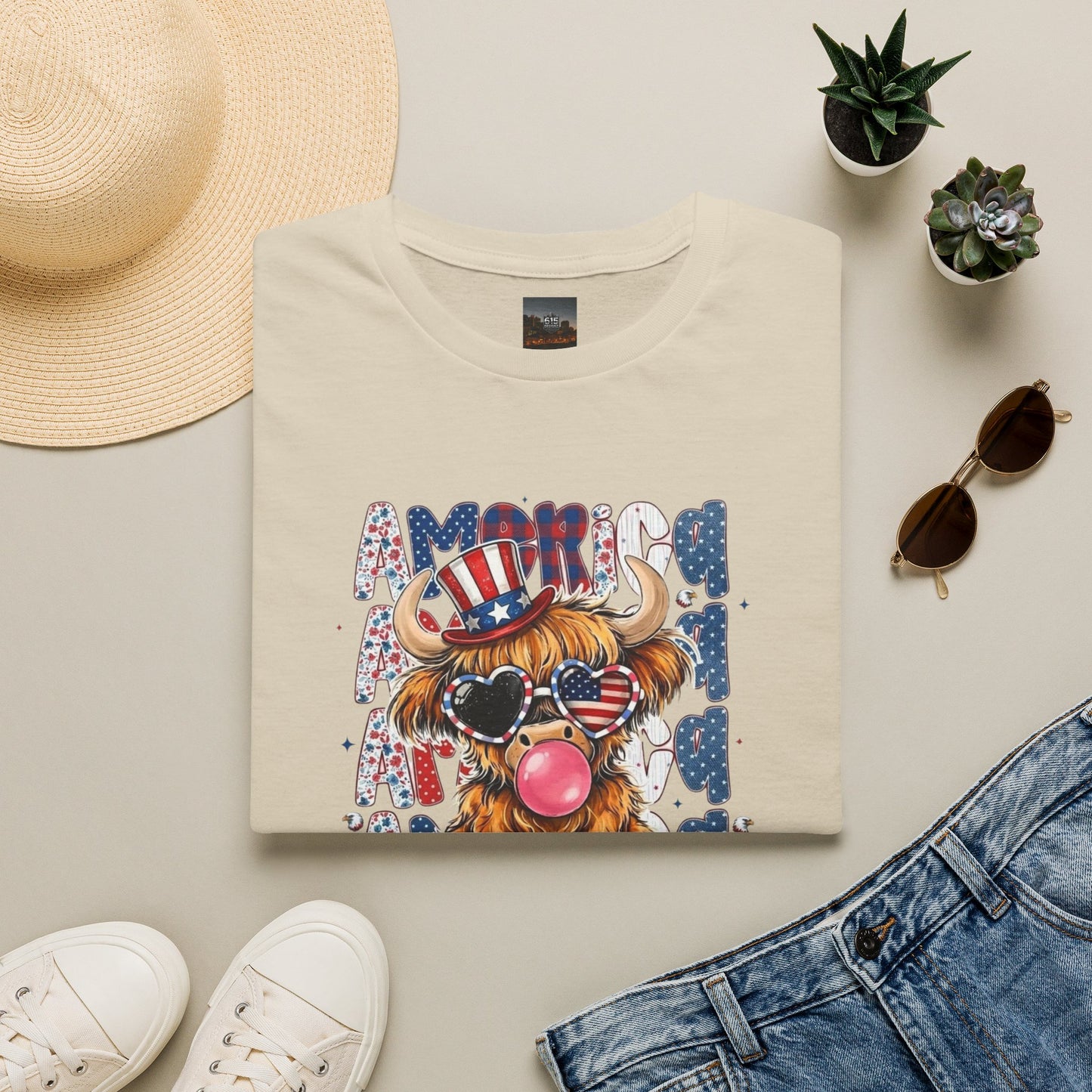 #250 American Flag Bubblegum Patriotic Highland Cow T-Shirt