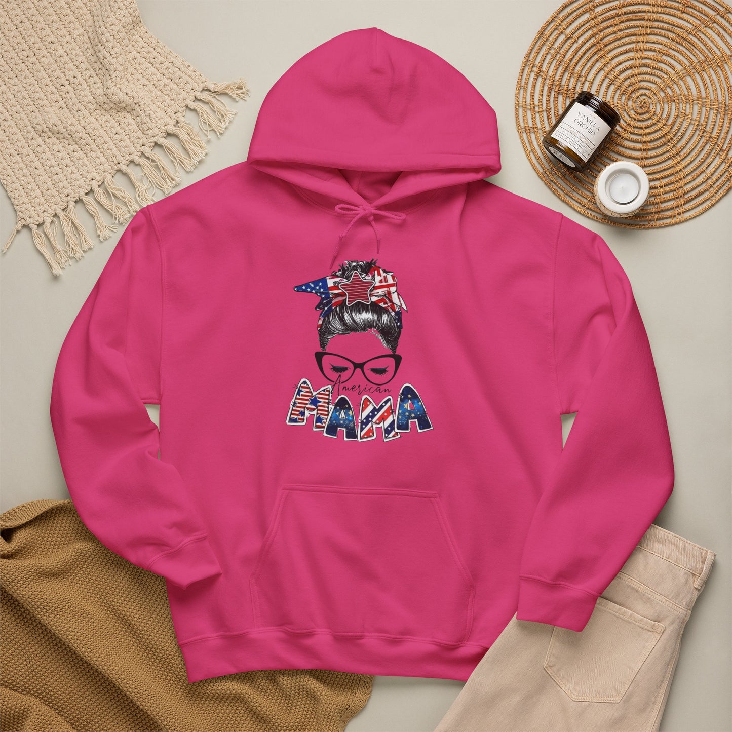 #250 Mama USA Flag Messy Bun Hoodie