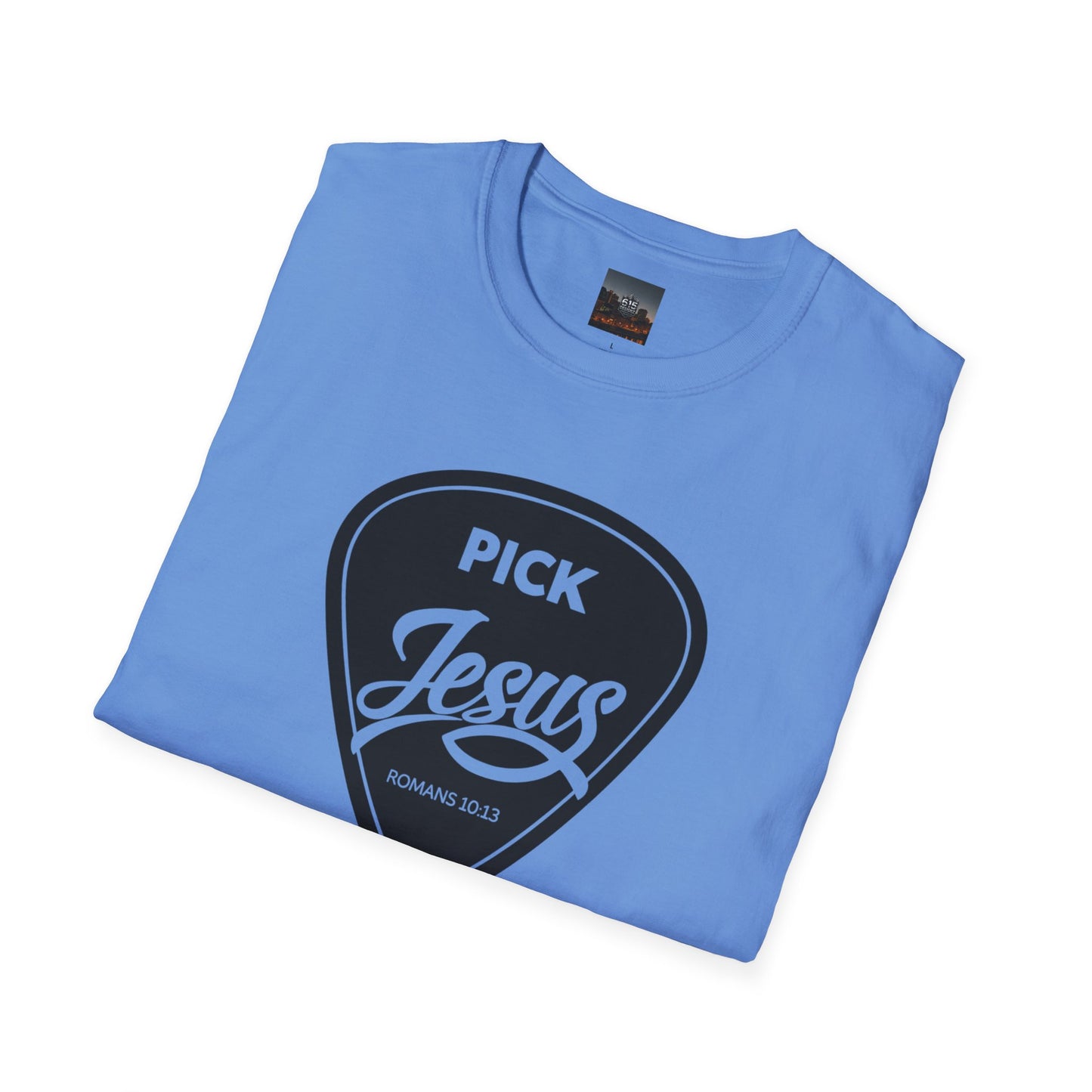 Pick Jesus T-Shirt — Christian Guitar Pick Design (Romans 10:13)