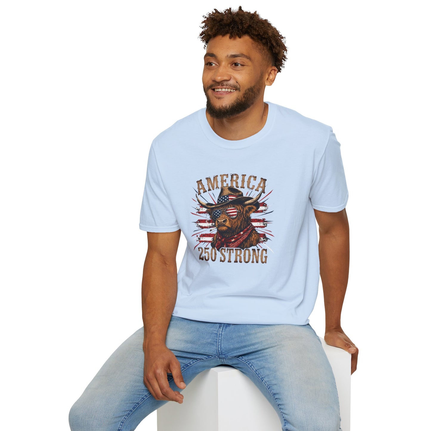 #250 America 250 Strong Patriotic Bull with American Flag T-Shirt