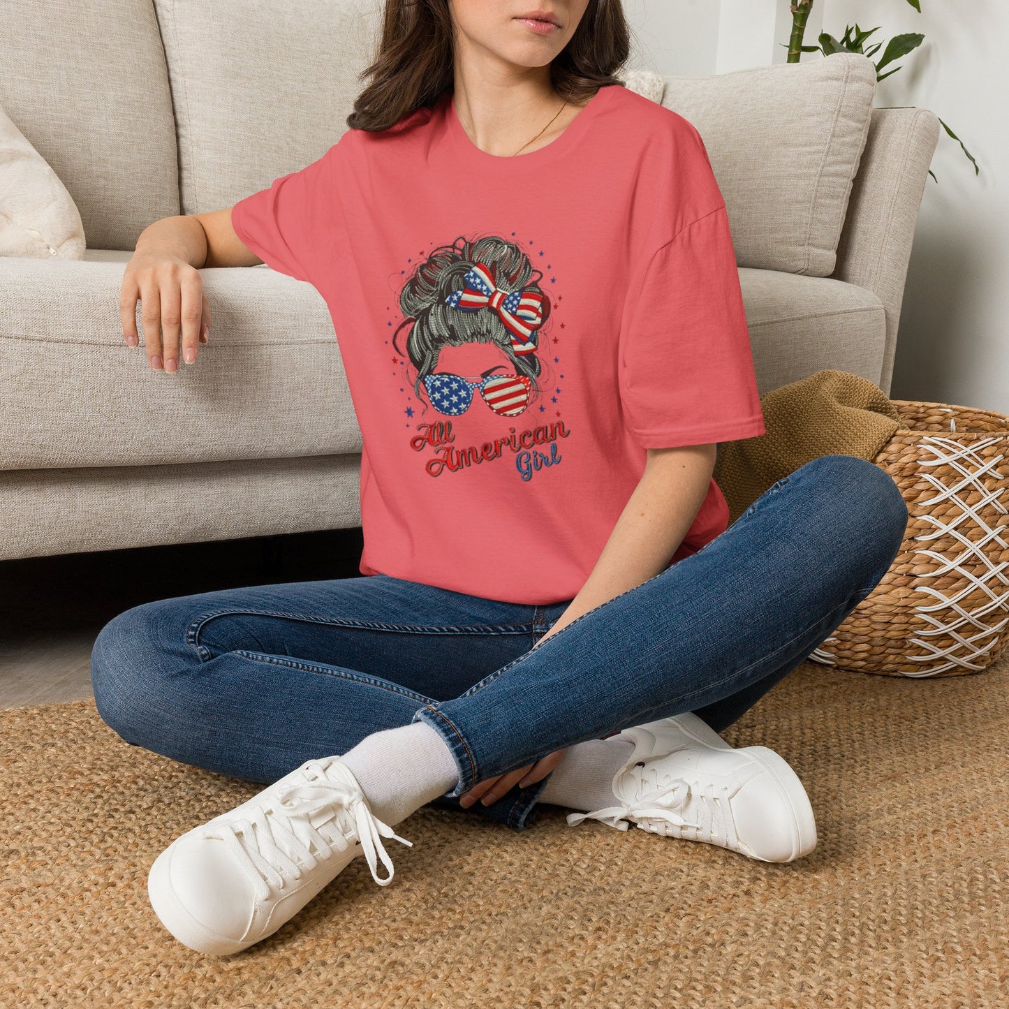 #250 "All American Girl" Patriotic Messy Bun T-Shirt