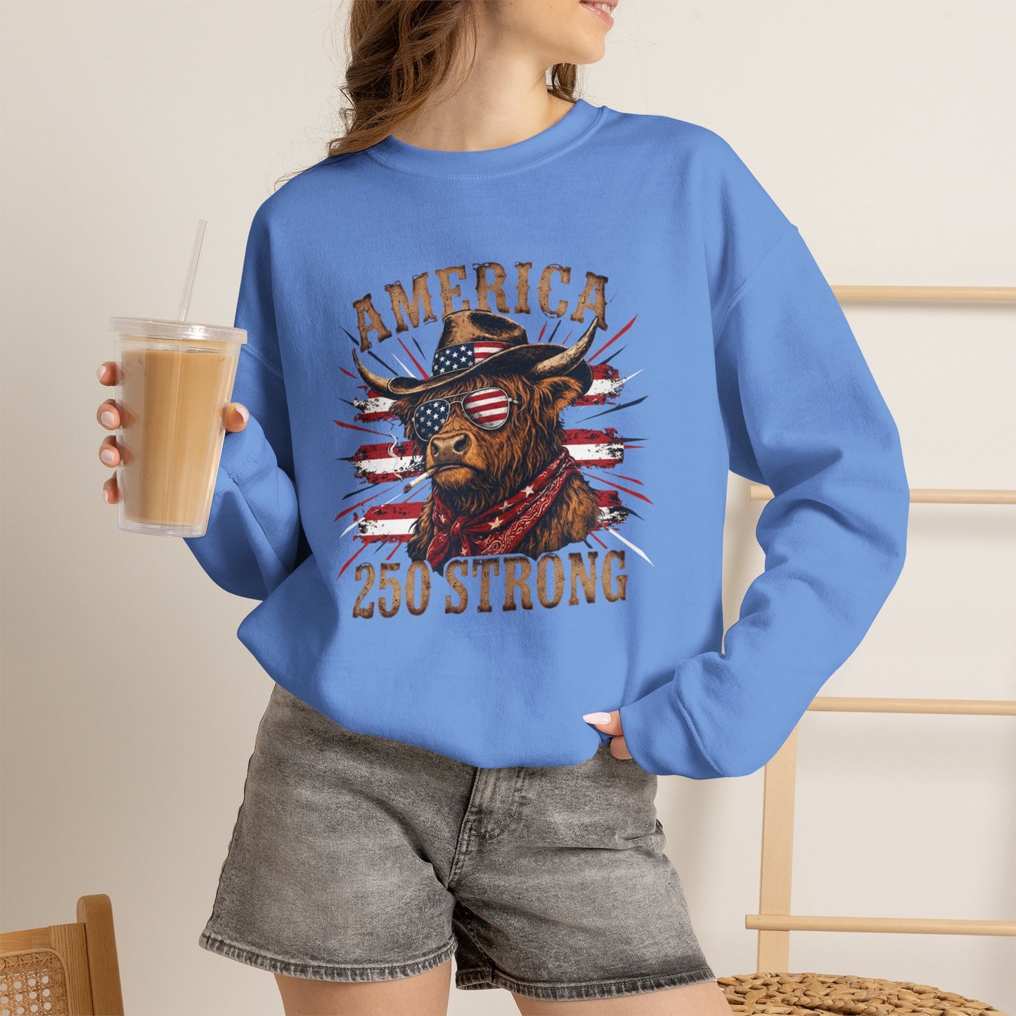 #250 America 250 Strong Patriotic Bull with American Flag Sweatshirt