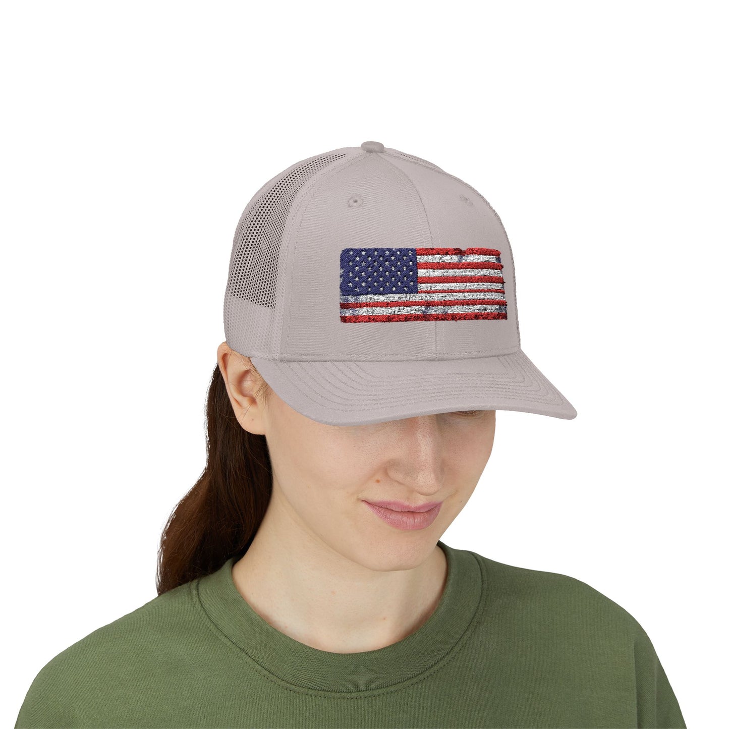 #250 Distressed American Flag Snapback Trucker Cap