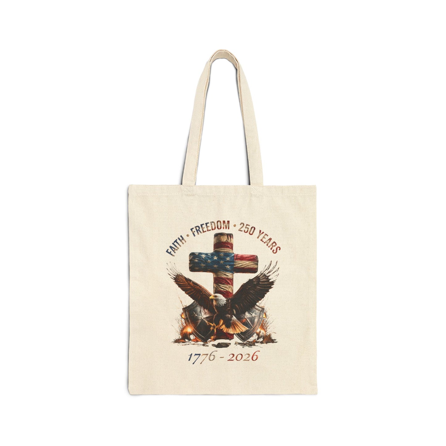 #250 Faith • Freedom 250 Years American Flag Cross & Eagle 1776-2026 Canvas Tote