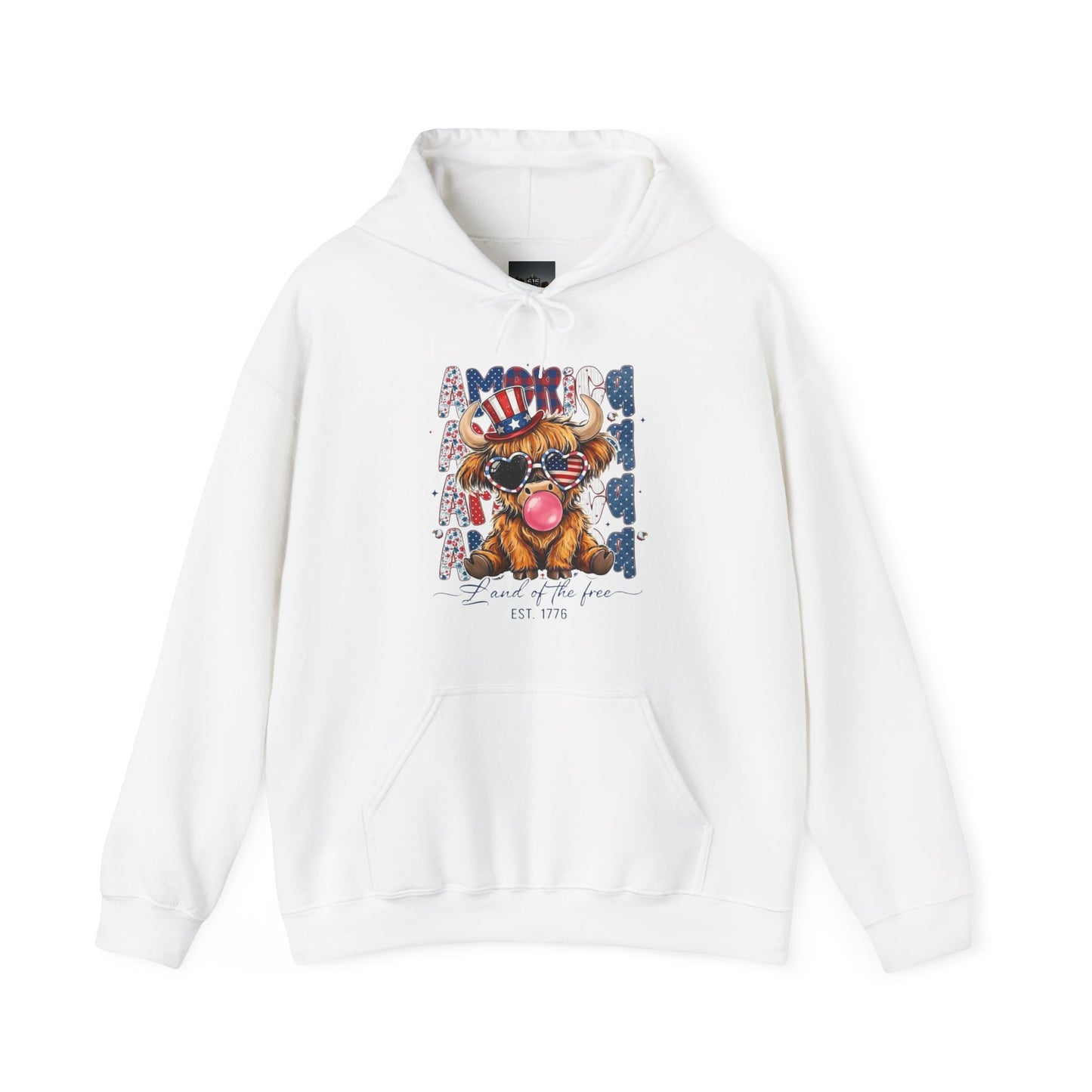 #250 American Flag Bubblegum Patriotic Highland Cow Hoodie