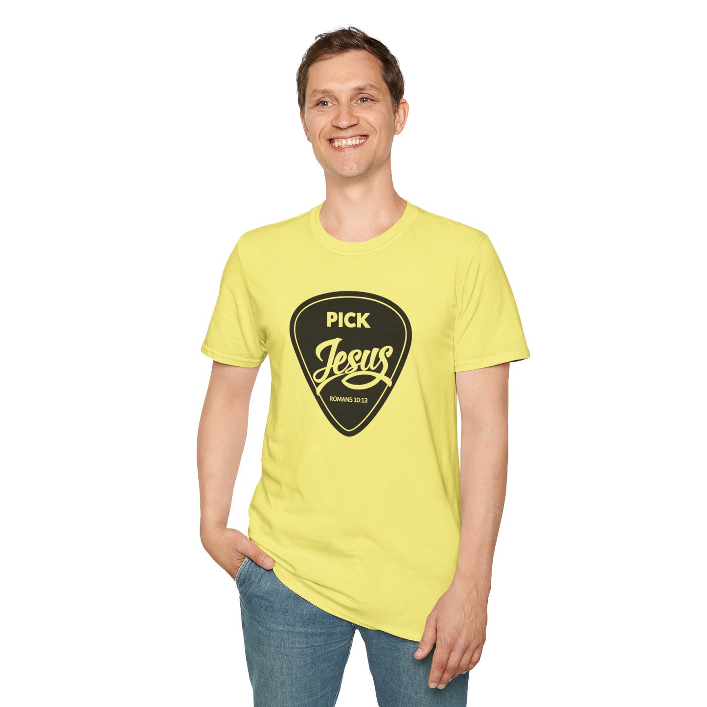 Pick Jesus T-Shirt — Christian Guitar Pick Design (Romans 10:13)
