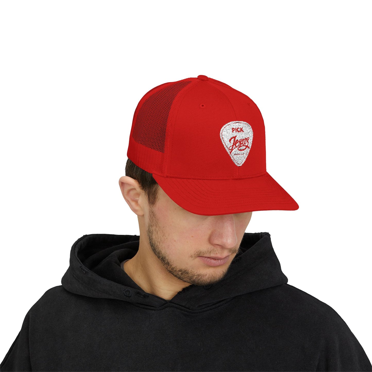 Pick Jesus Guitar Pick Snapback Trucker Cap Christian Guitar Pick Design (Romans 10:13)