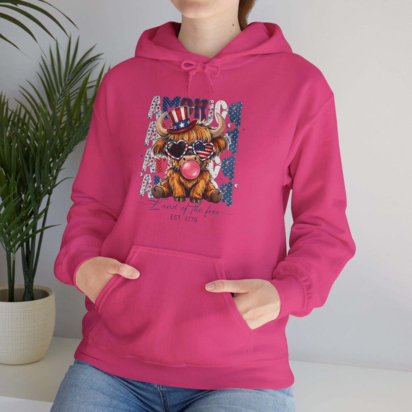 #250 American Flag Bubblegum Patriotic Highland Cow Hoodie