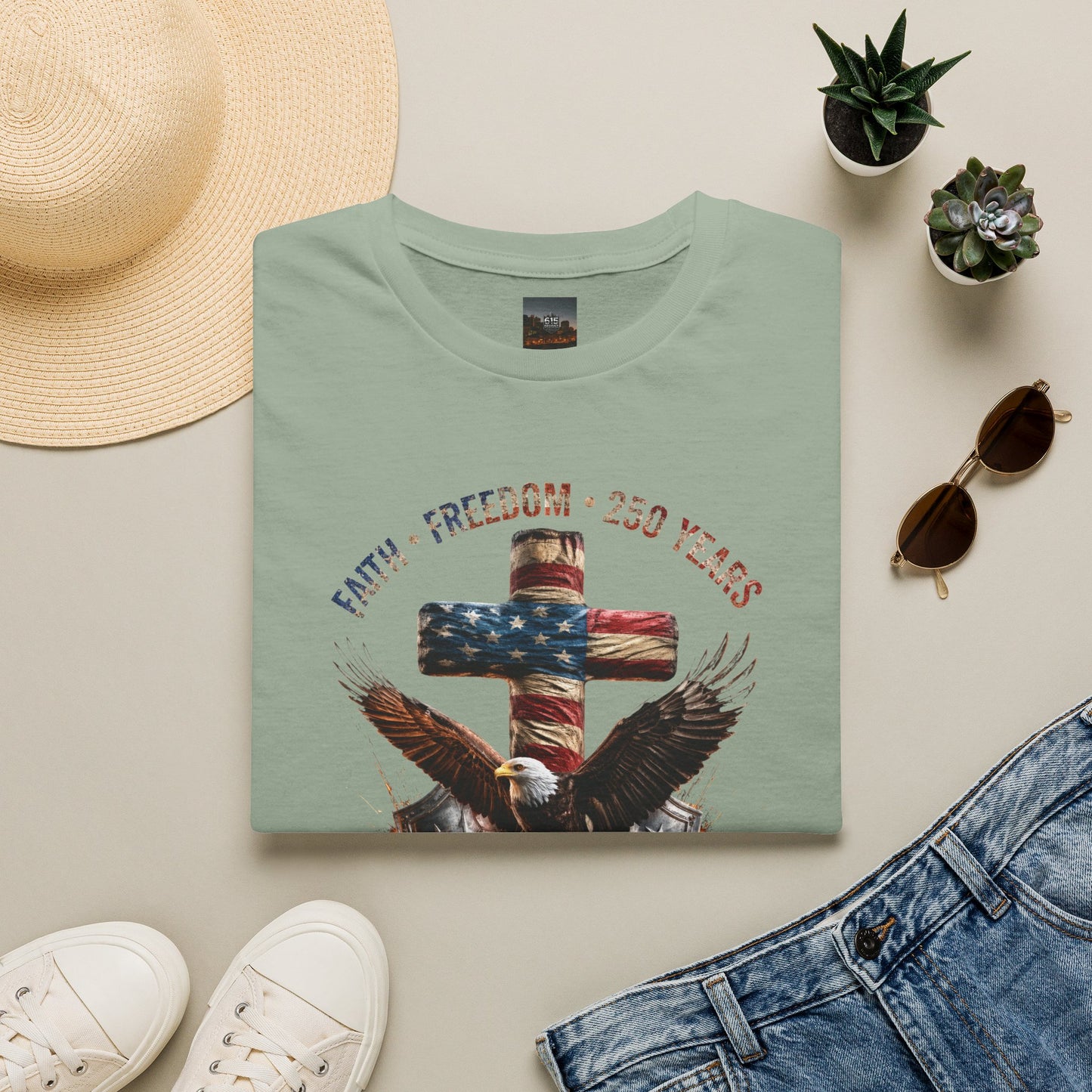 #250 Faith • Freedom 250 Years American Flag Cross & Eagle 1776-2026 T-Shirt