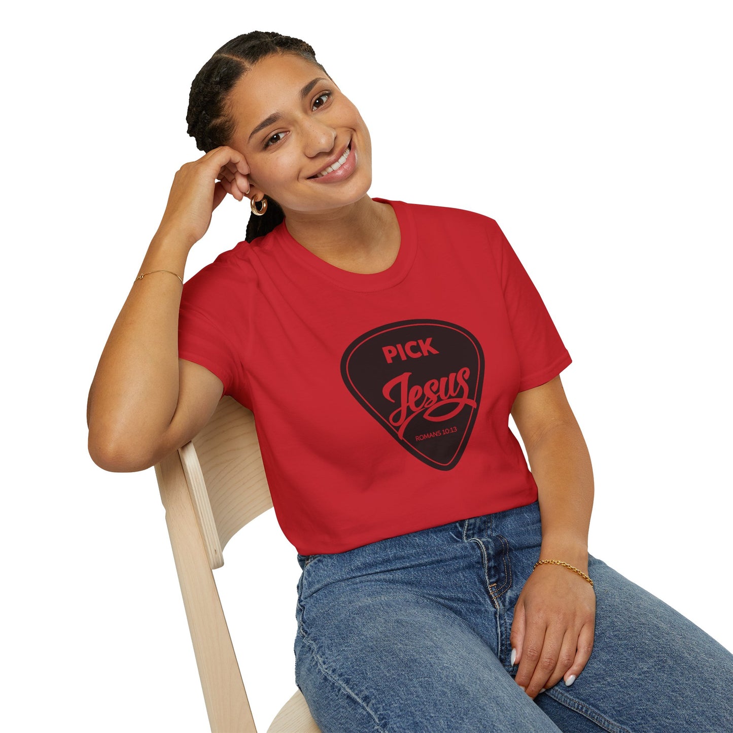 Pick Jesus T-Shirt — Christian Guitar Pick Design (Romans 10:13)