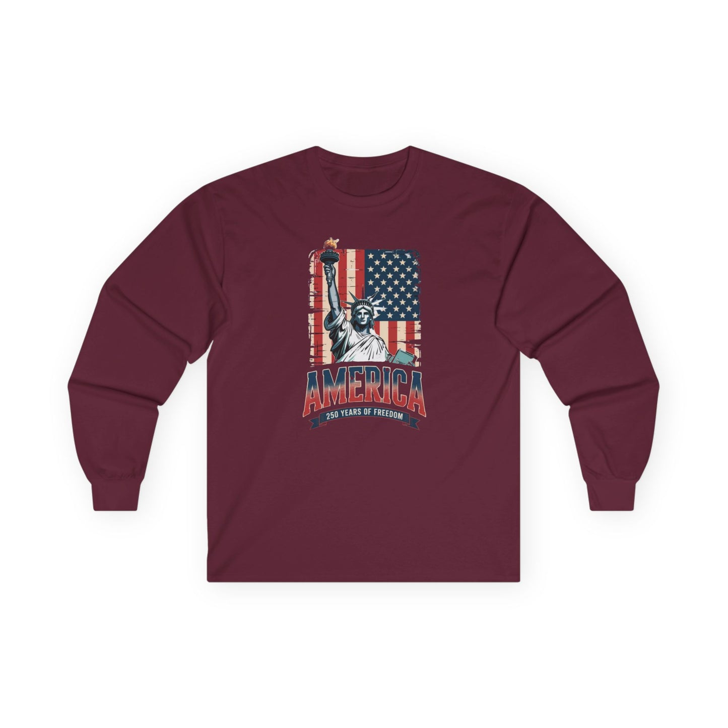 #250 Statue of Liberty American Flag 'America' Patriotic Independence Day Long Sleeve Tee