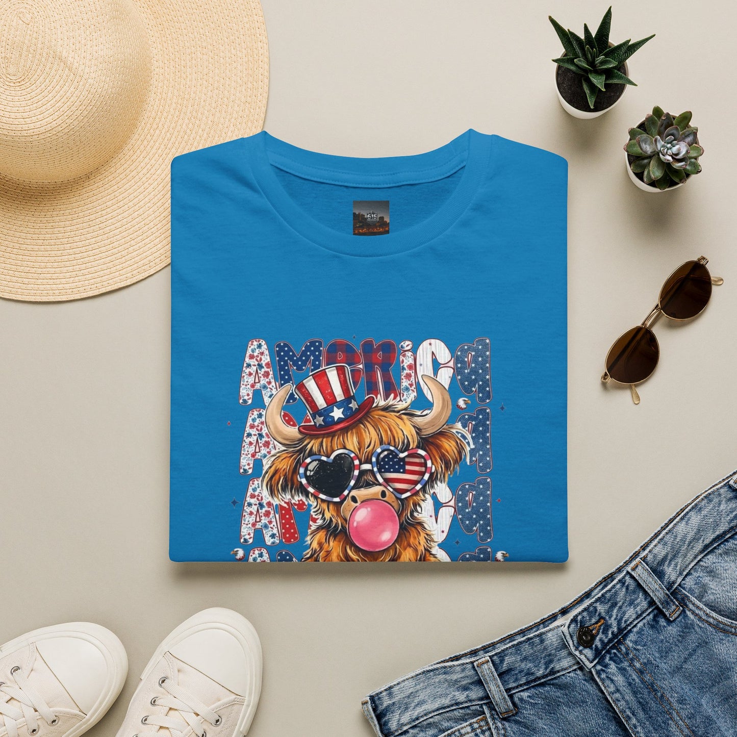 #250 American Flag Bubblegum Patriotic Highland Cow T-Shirt