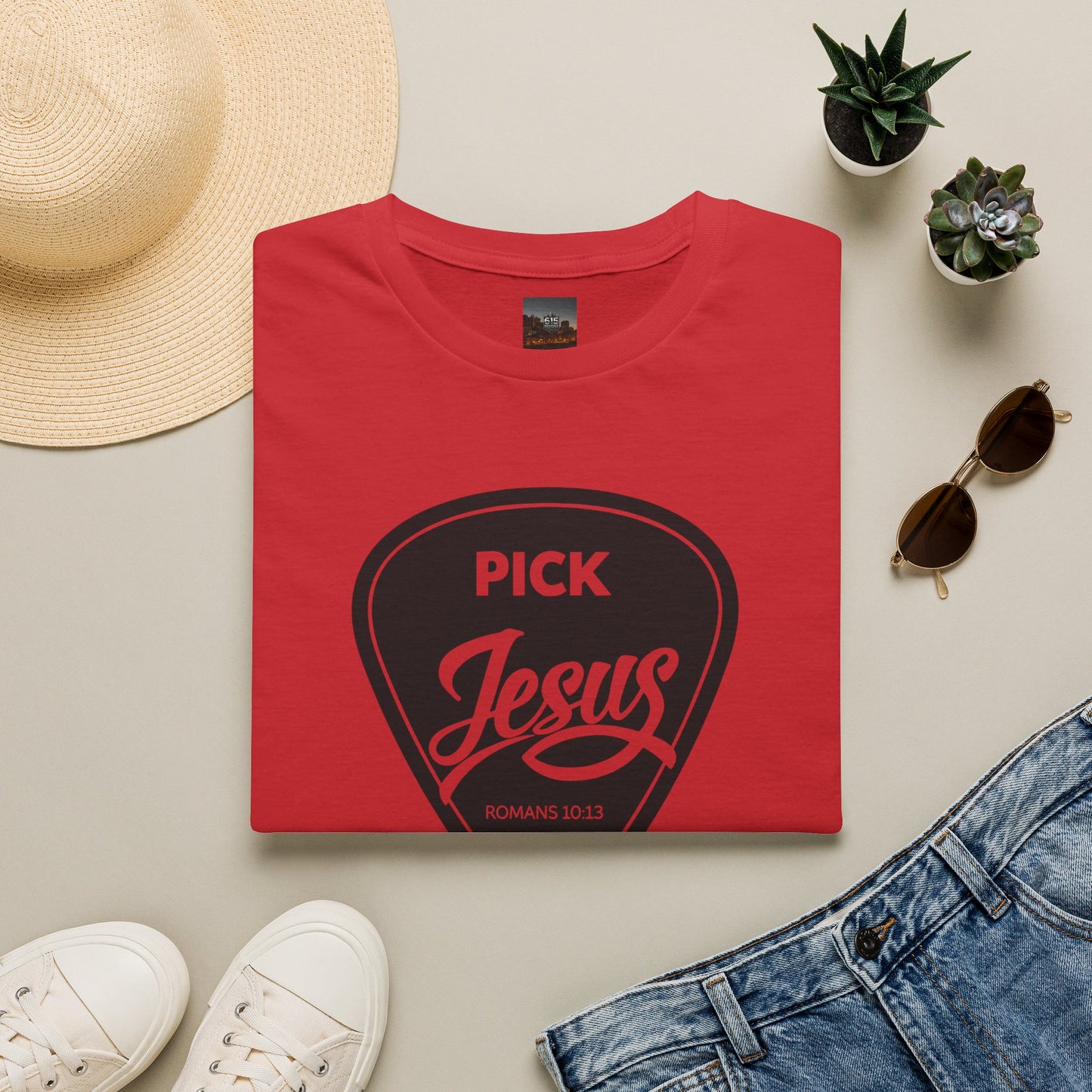 Pick Jesus T-Shirt — Christian Guitar Pick Design (Romans 10:13)