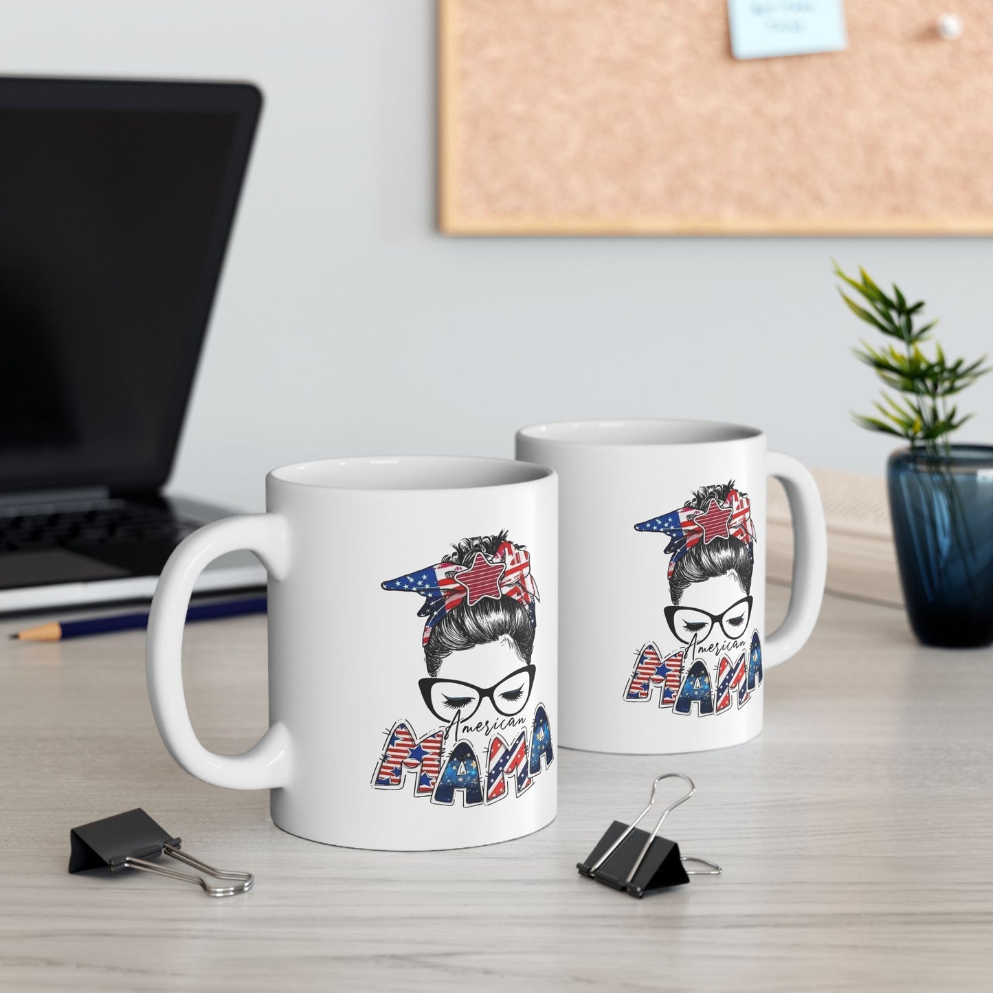 #250 Mama USA Flag Messy Bun Ceramic Mug - 11oz & 15oz