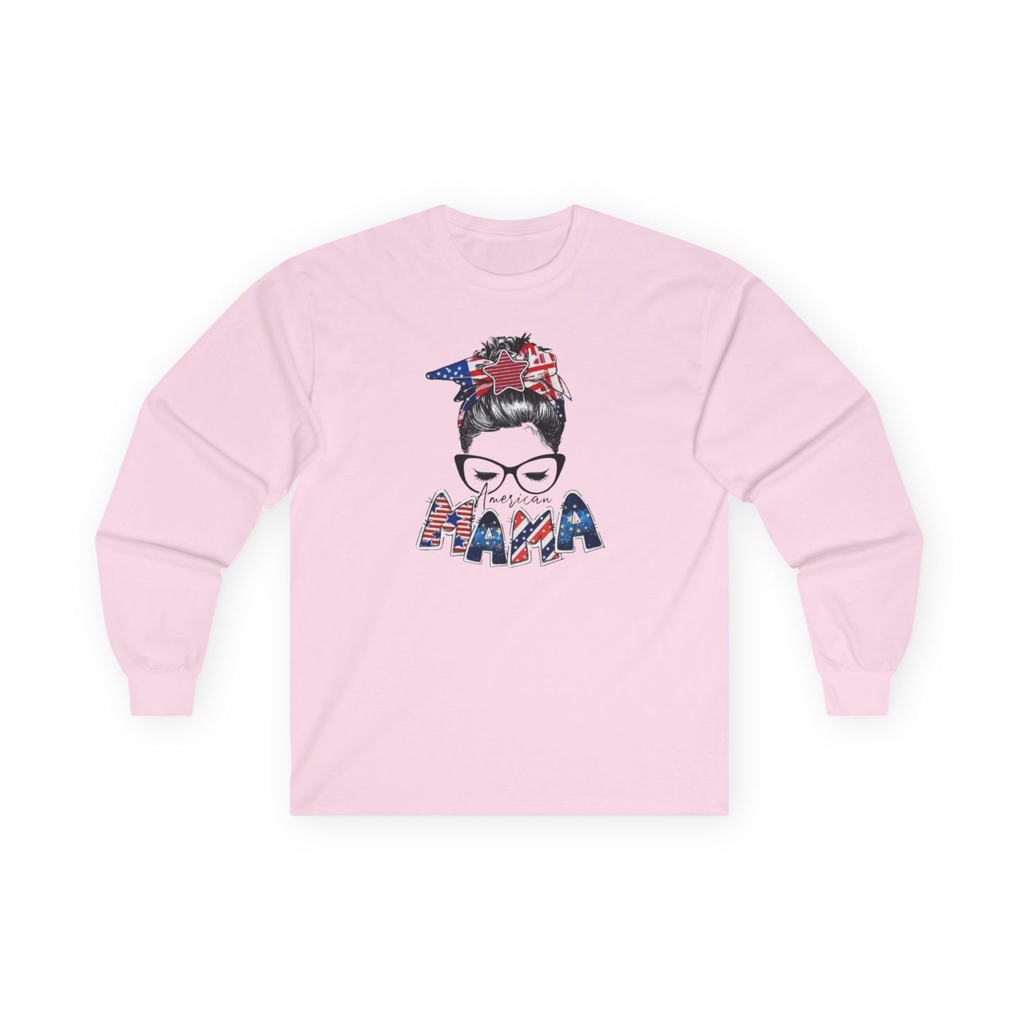 #250 Mama USA Flag Messy Bunn Long Sleeve Tee