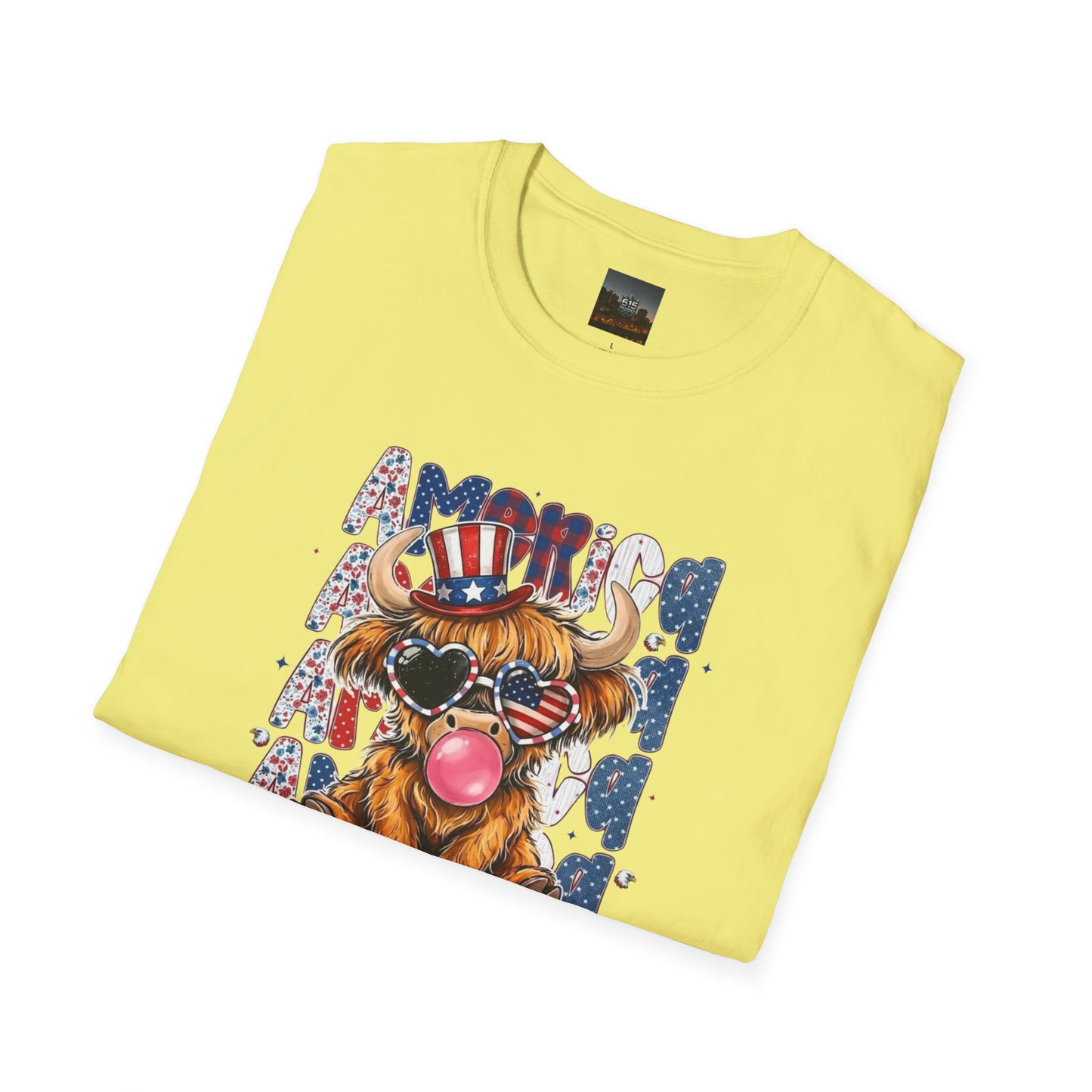 #250 American Flag Bubblegum Patriotic Highland Cow T-Shirt