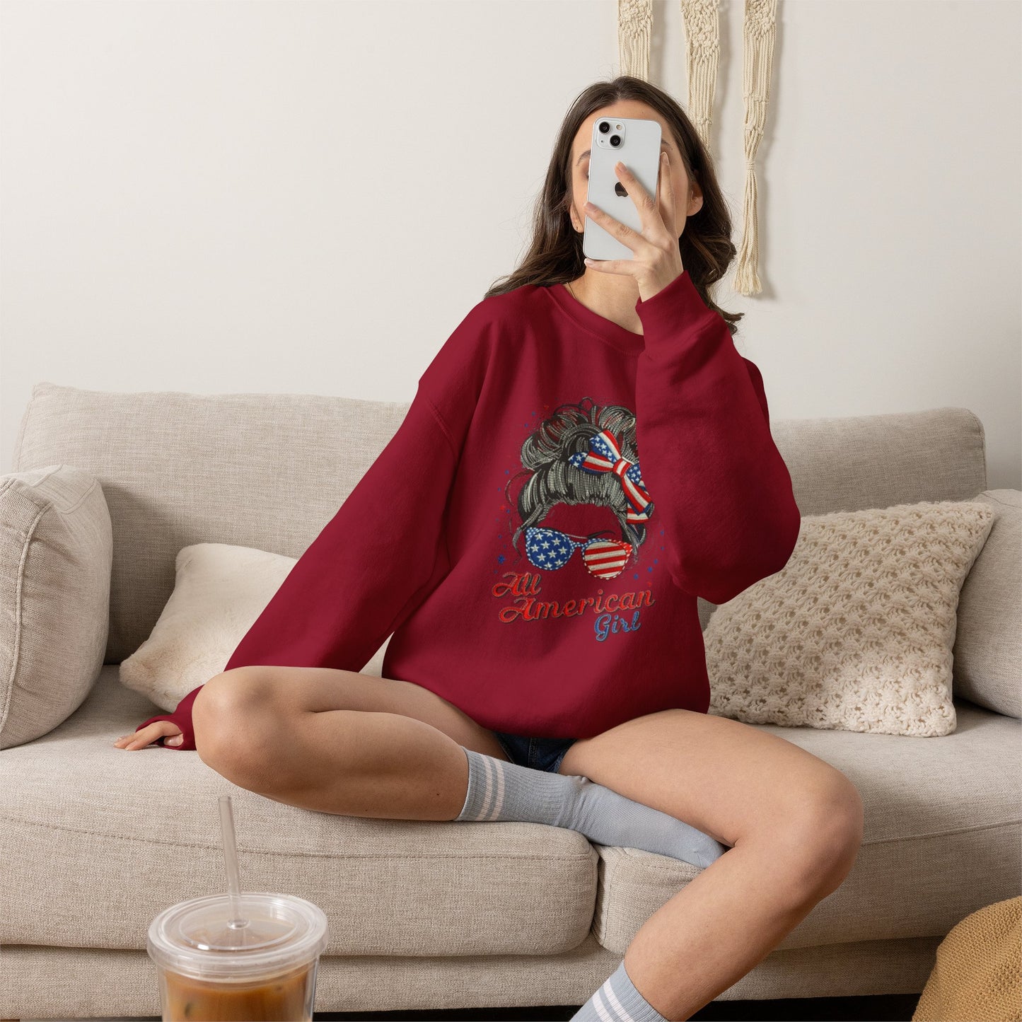 #250 "All American Girl" Patriotic Messy Bun Sweatshirt