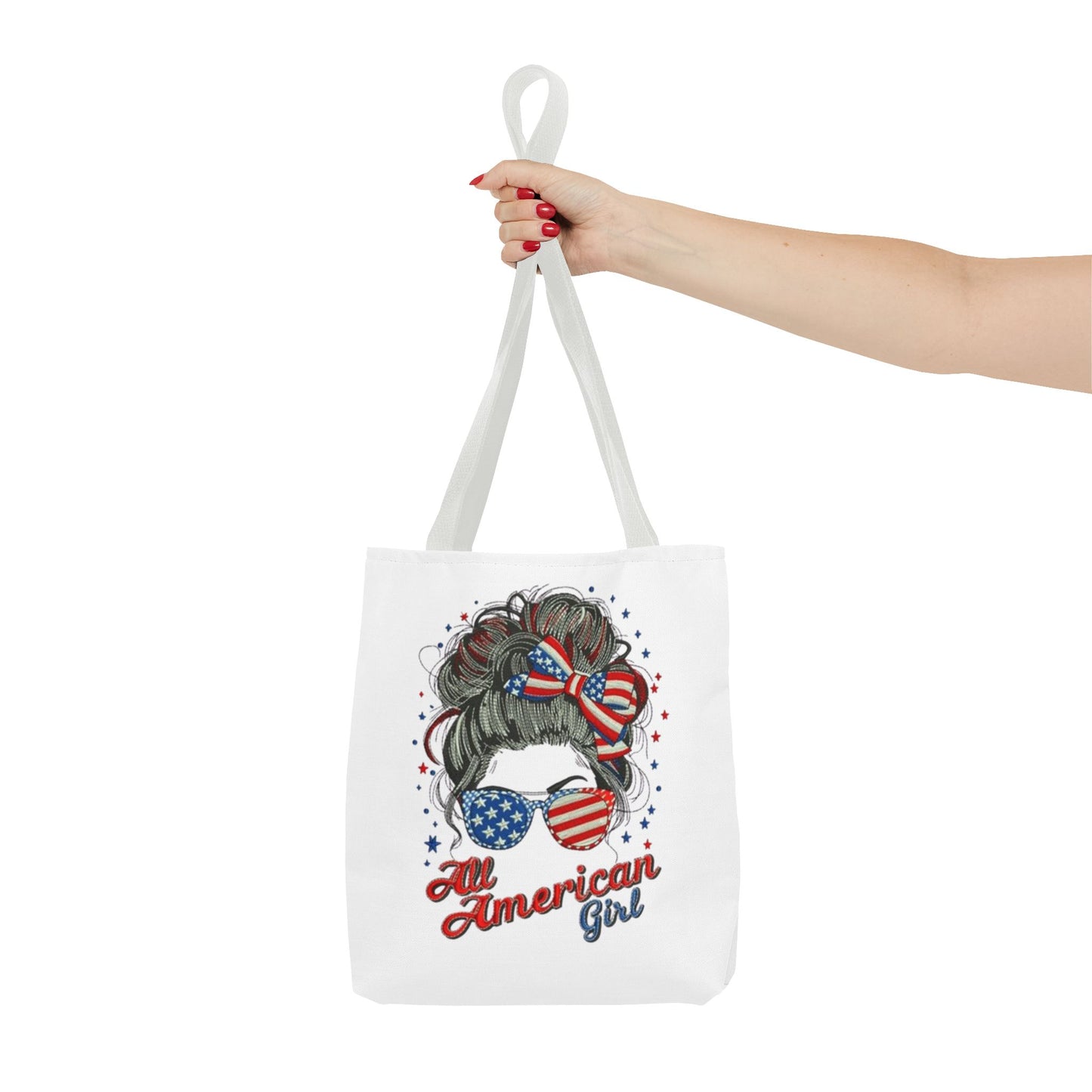 #250 "All American Girl" Patriotic Messy Bun Tote Bag