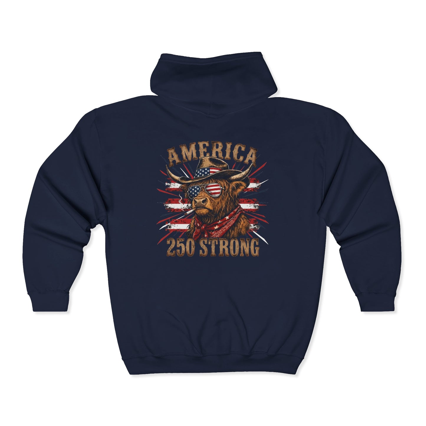 #250 America 250 Strong Patriotic Bull with American Flag Zip Hoodie
