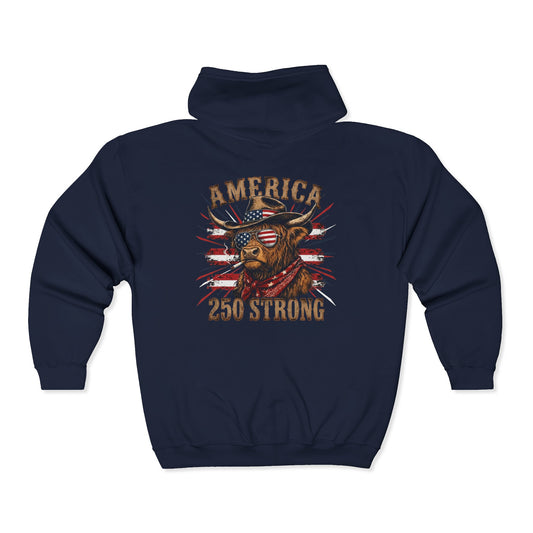 #250 America 250 Strong Patriotic Bull with American Flag Zip Hoodie