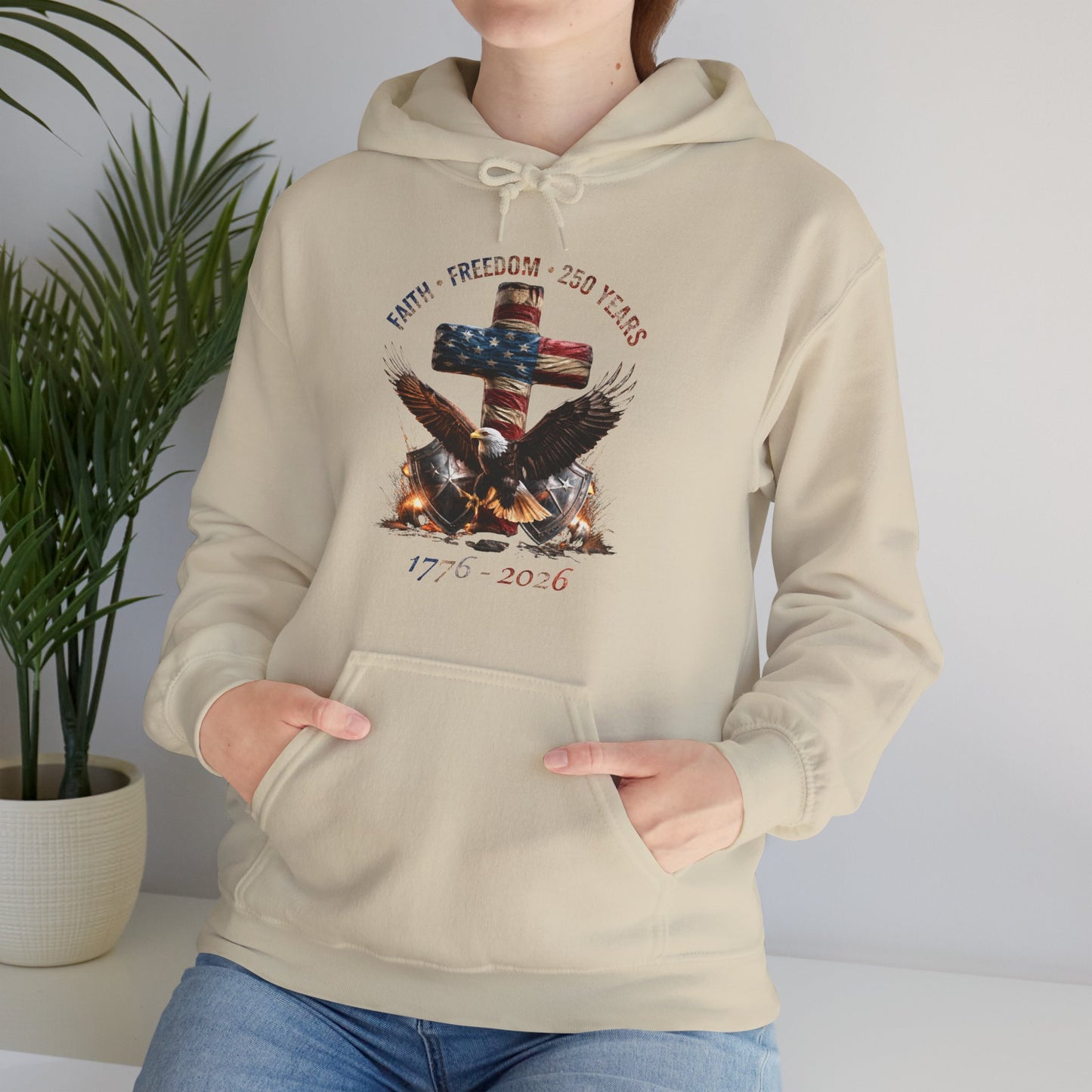 #250 Faith • Freedom 250 Years American Flag Cross & Eagle 1776-2026 Hoodie