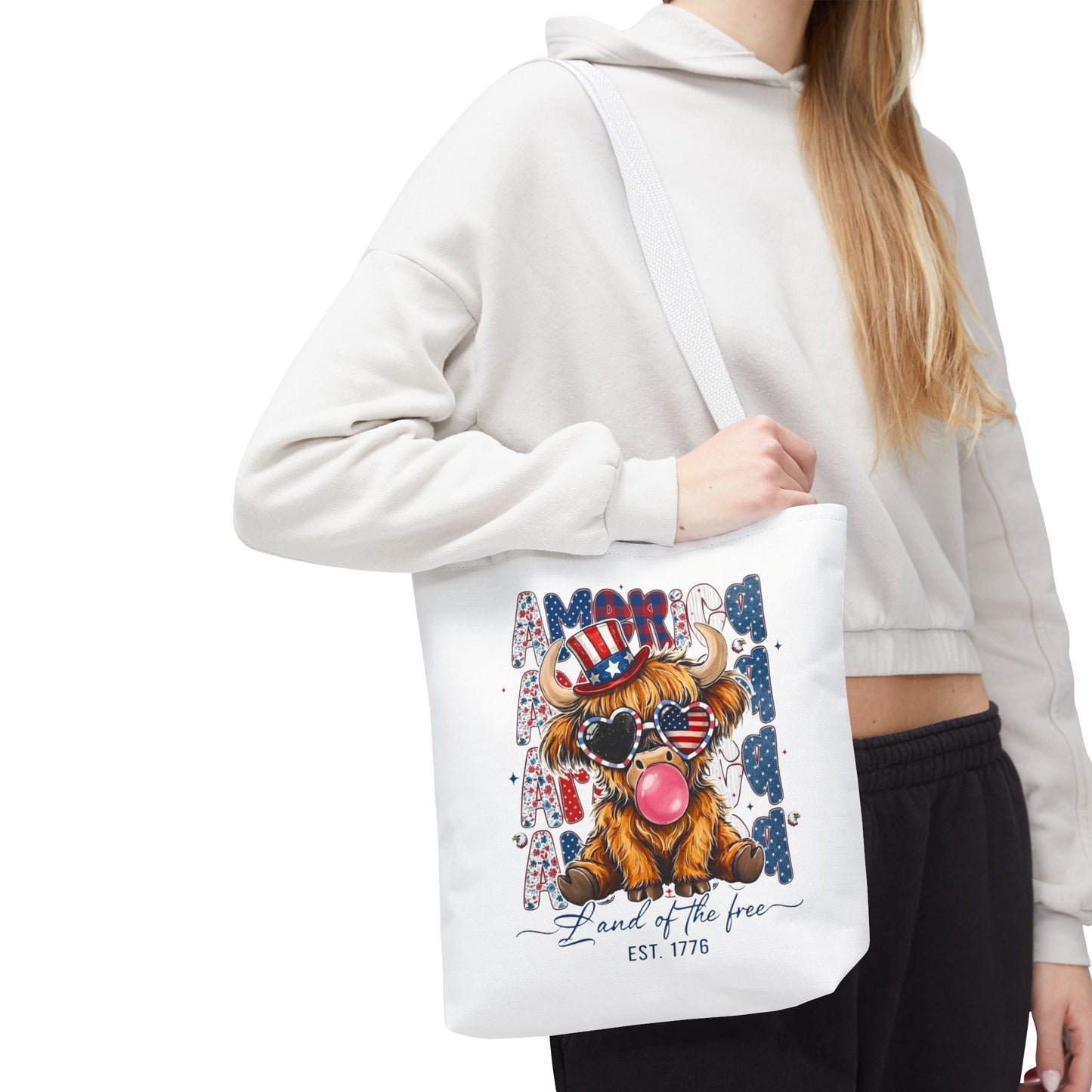 #250 American Flag Bubblegum Patriotic Highland Cow Tote Bag
