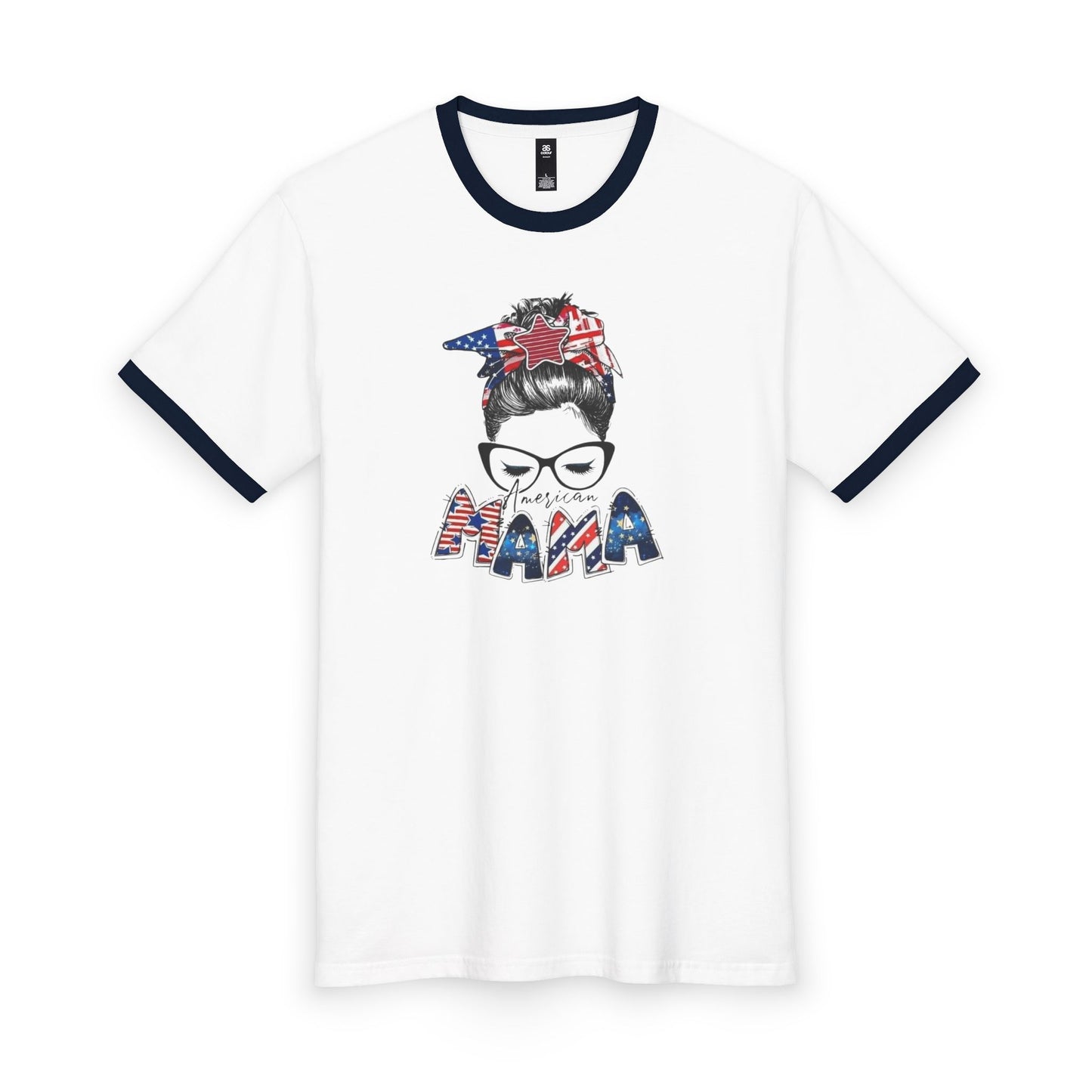 #250 Mama USA Flag Messy Bun Ringer Tee