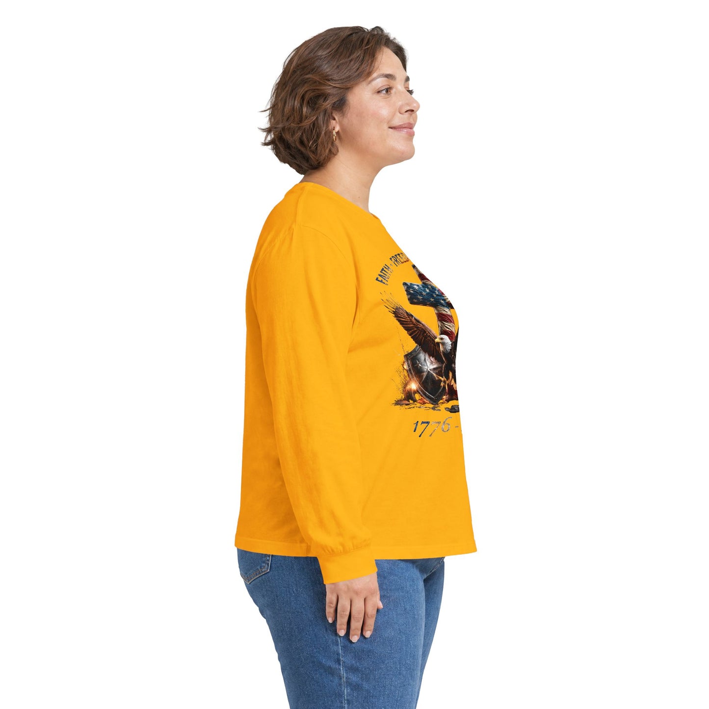 #250 Faith • Freedom 250 Years American Flag Cross & Eagle 1776-2026 Long Sleeve Tee