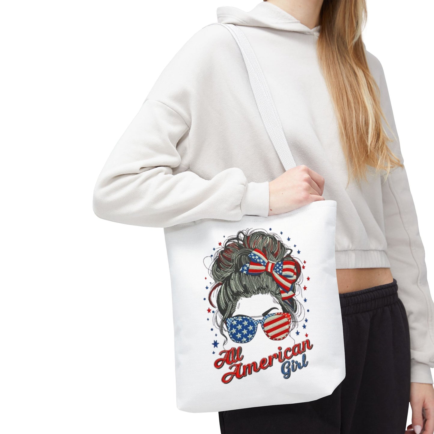 #250 "All American Girl" Patriotic Messy Bun Tote Bag