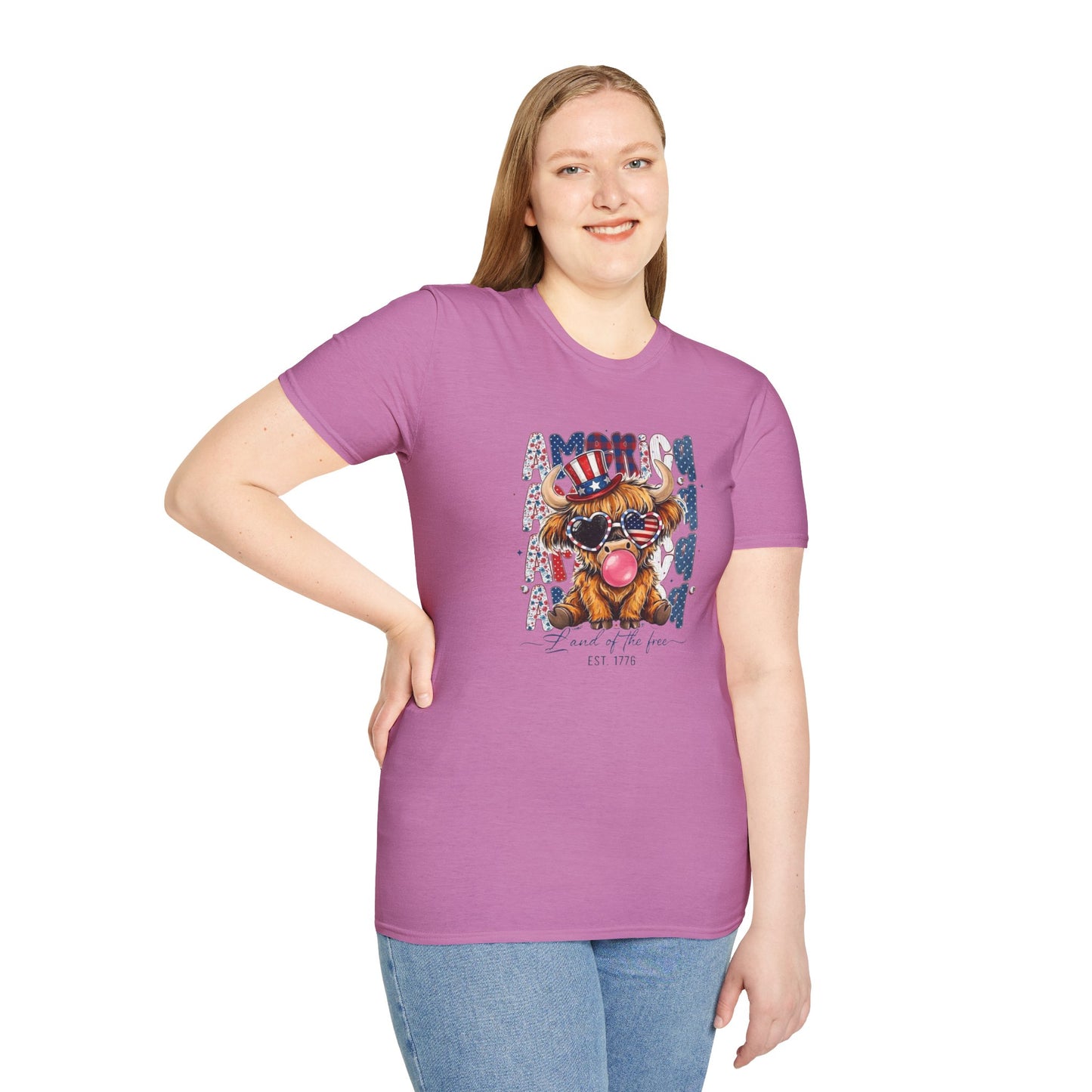 #250 American Flag Bubblegum Patriotic Highland Cow T-Shirt