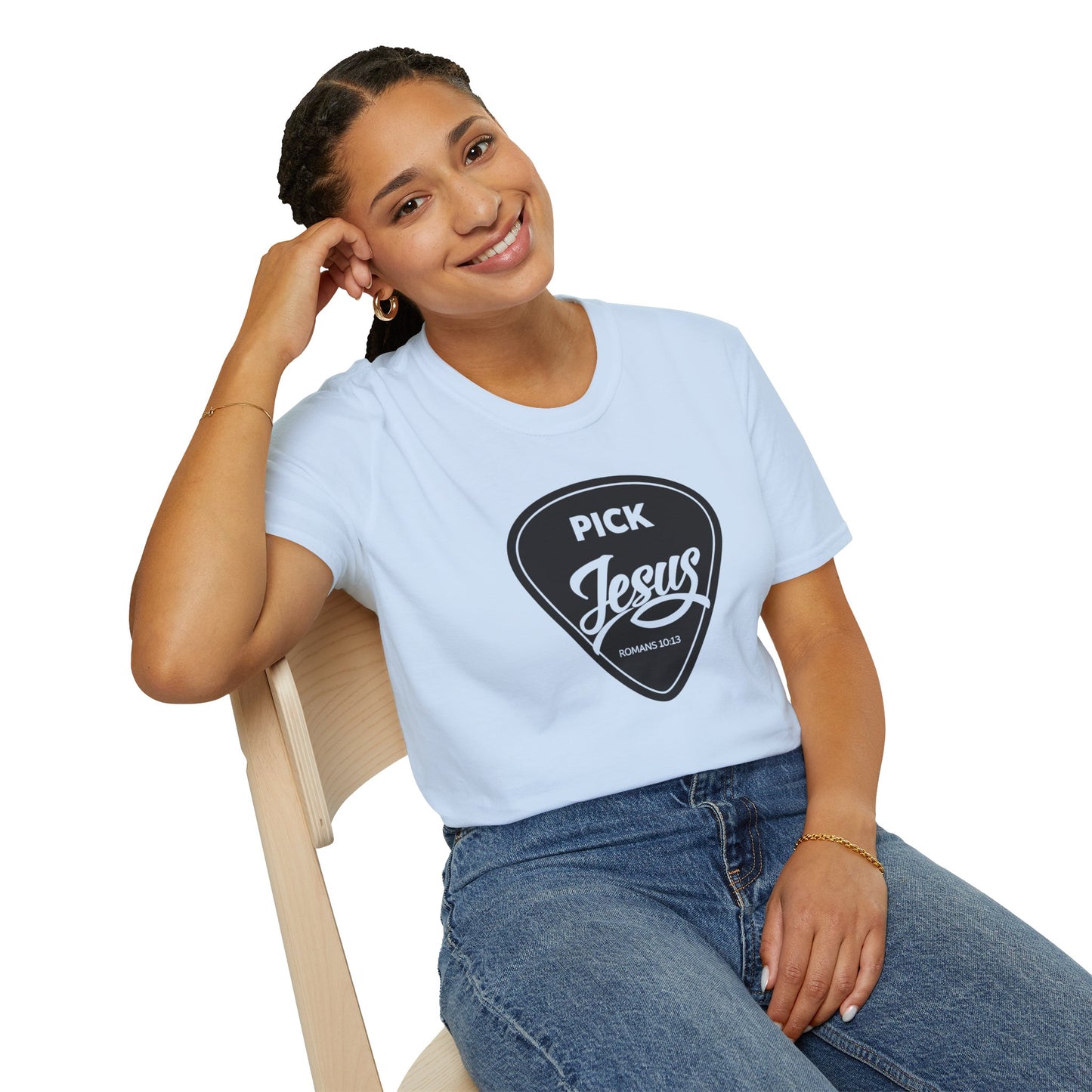 Pick Jesus T-Shirt — Christian Guitar Pick Design (Romans 10:13)