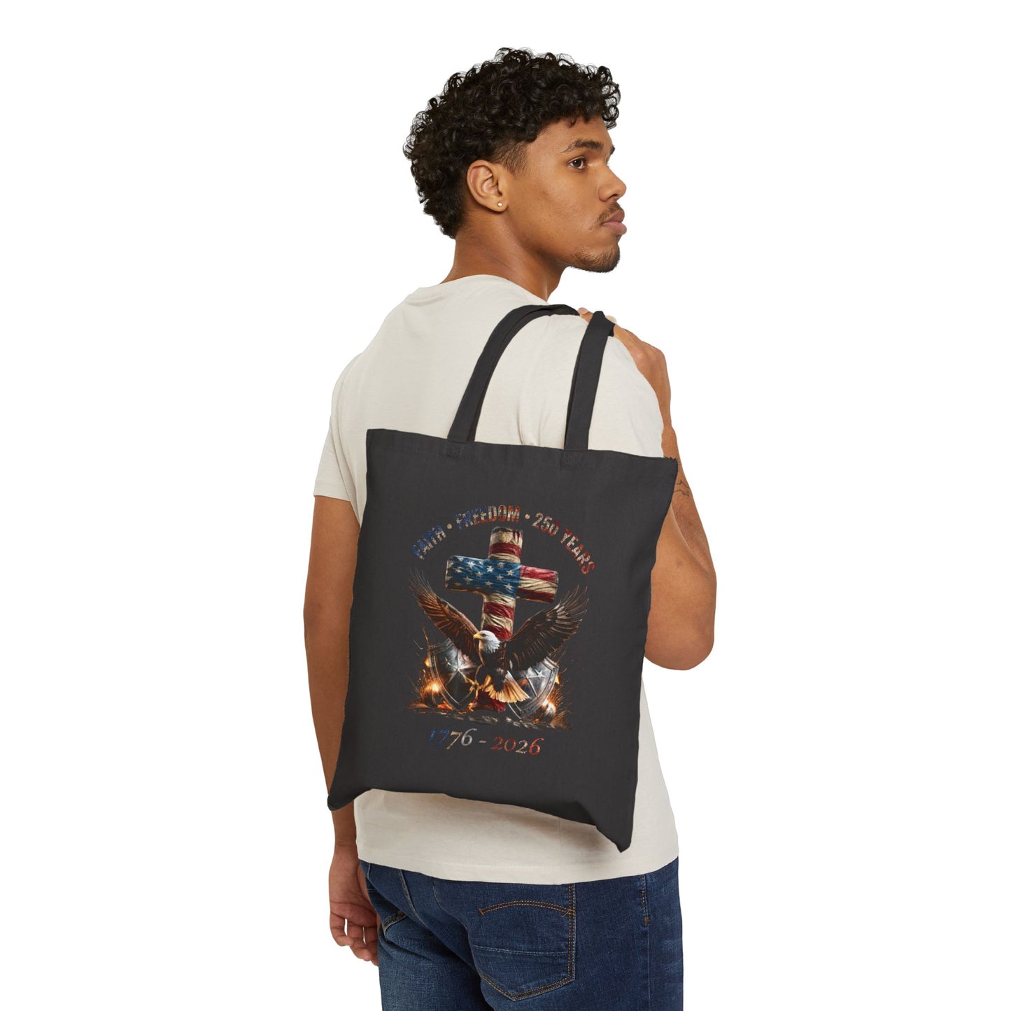 #250 Faith • Freedom 250 Years American Flag Cross & Eagle 1776-2026 Canvas Tote