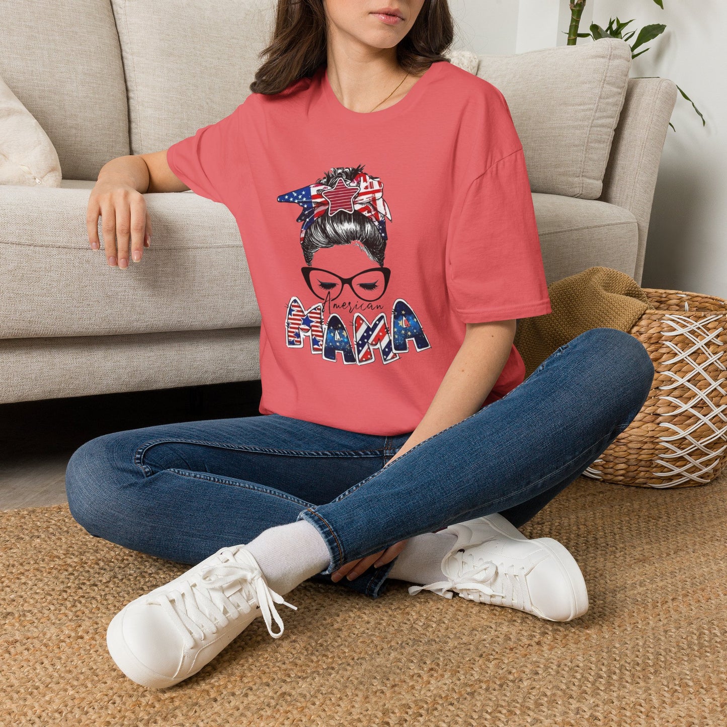 Mama USA Flag Messy Bun T-Shirt
