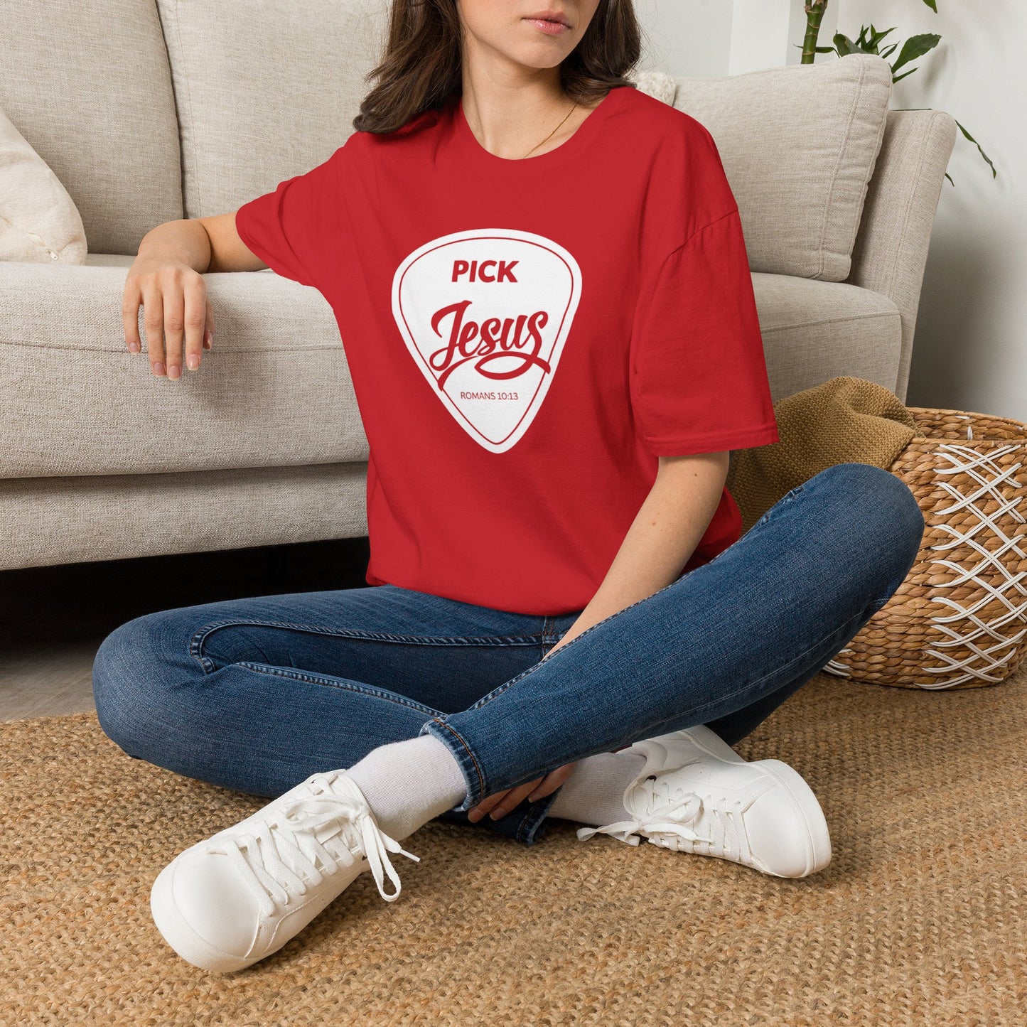 Pick Jesus T-Shirt — Christian Guitar Pick Design (Romans 10:13)