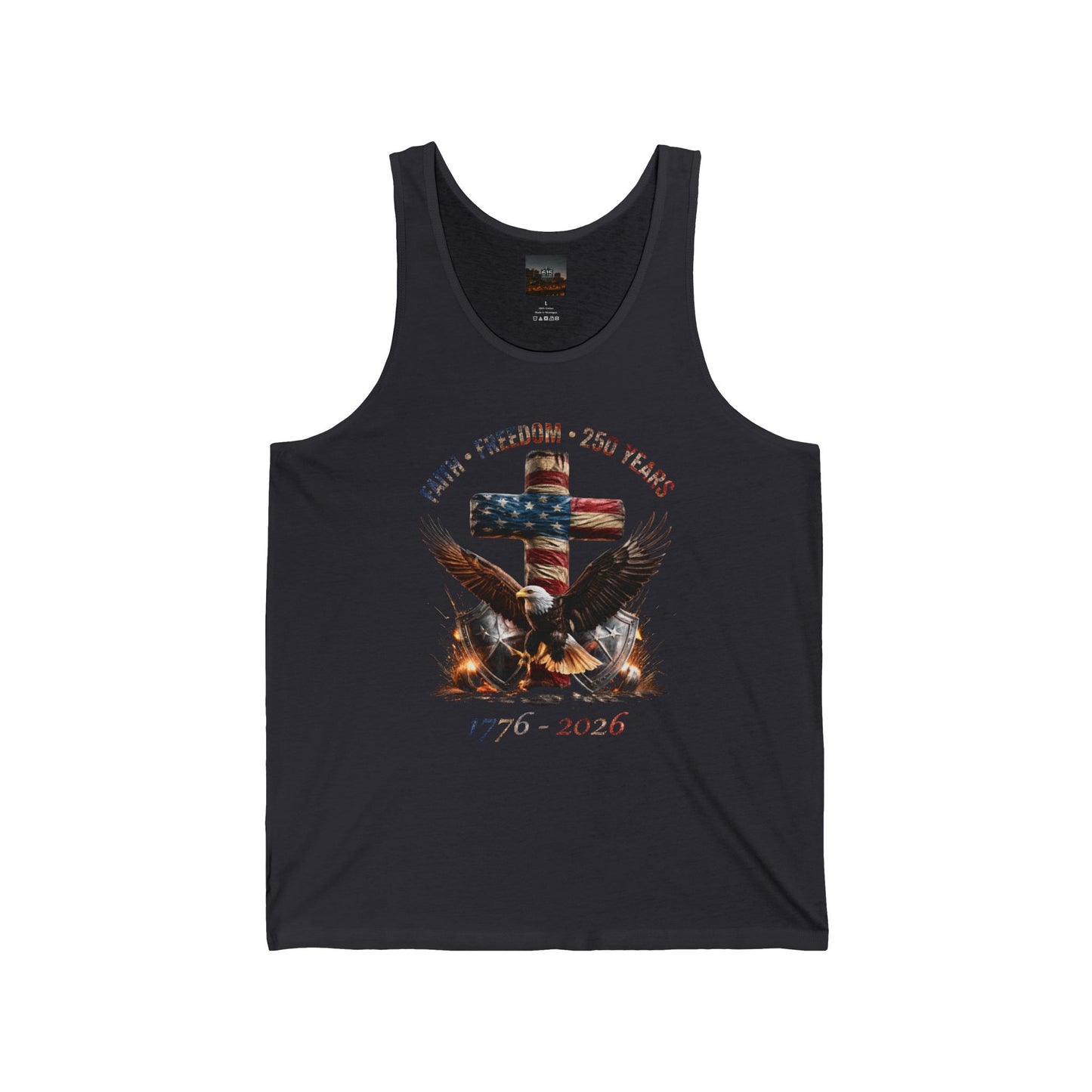 #250 Faith • Freedom 250 Years American Flag Cross & Eagle 1776-2026 Jersey Tank Top