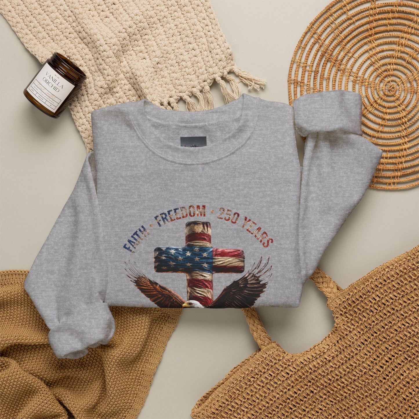 #250 Faith • Freedom 250 Years American Flag Cross & Eagle 1776-2026 Crewneck Sweatshirt